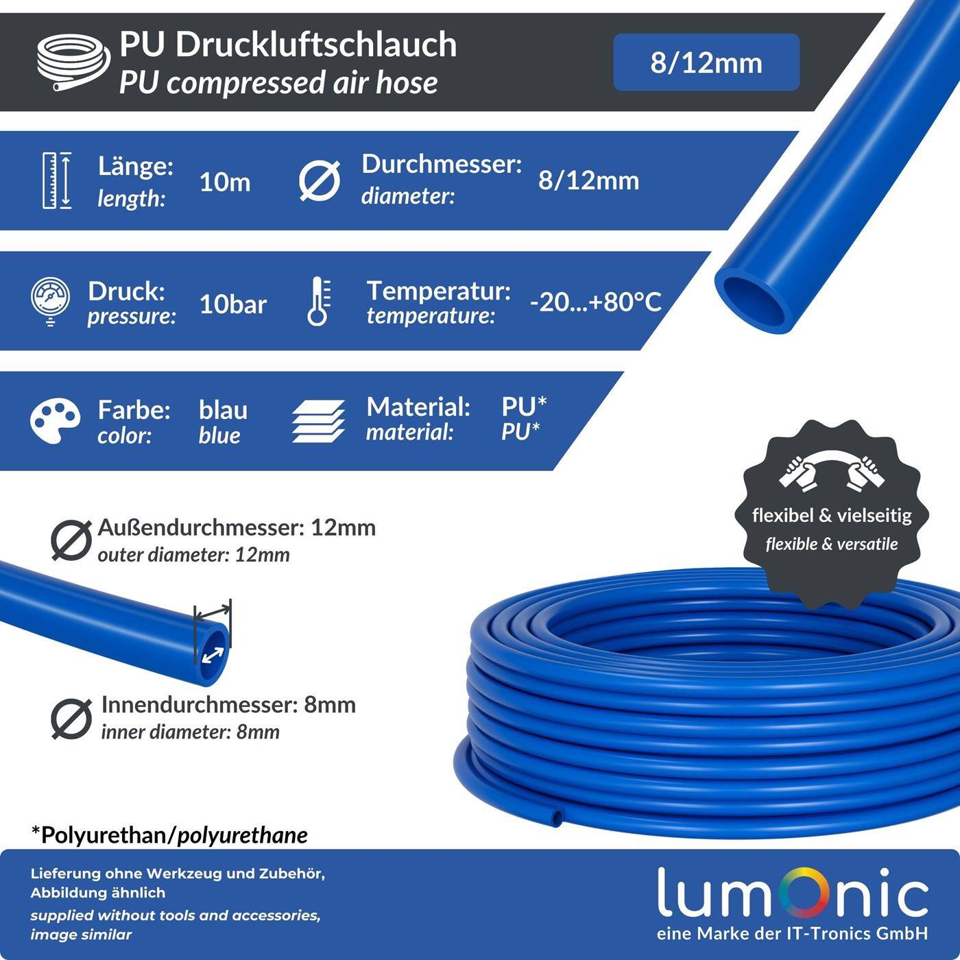 10m Druckluftschlauch PU 8/12mm Maschinenbau Pneumatiksysteme Werkstatt PU Schlauch Polyurethan flexibel, abriebfest