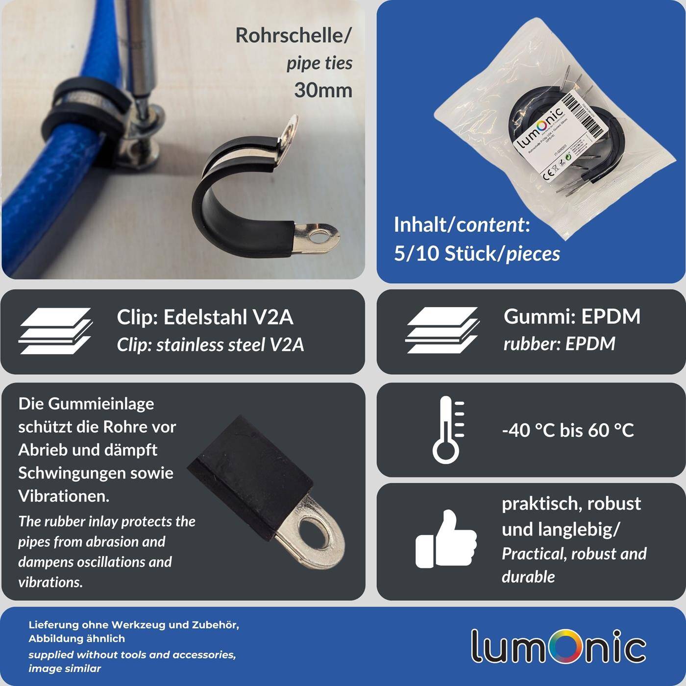 Lumonic 5x 30mm Rohrschellen mit Gummieinlage Edelstahl V2A I Kabelschellen zum Schrauben I Schlauchschelle 30mm, Rohrschellen, Befestigungsschelle 30mm, Rohrhalterung