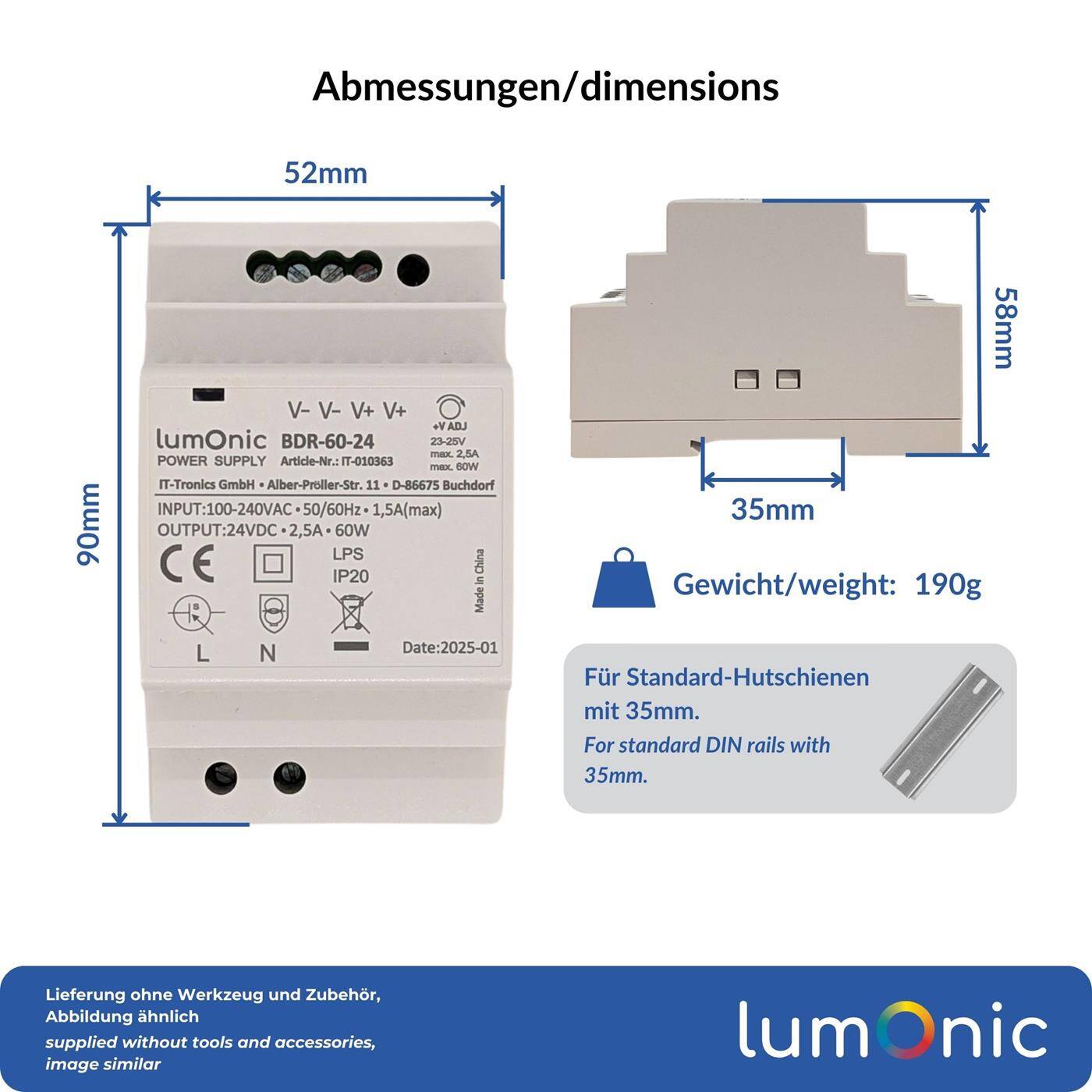 Lumonic I Netzteil Hutschiene BDR-60-24 I 24V / 60W I Input 100-240VAC I Überlastschutz & kurzschlussfest I DIN-Rail Schaltnetzteil I Schaltschrank & Verteilerkasten