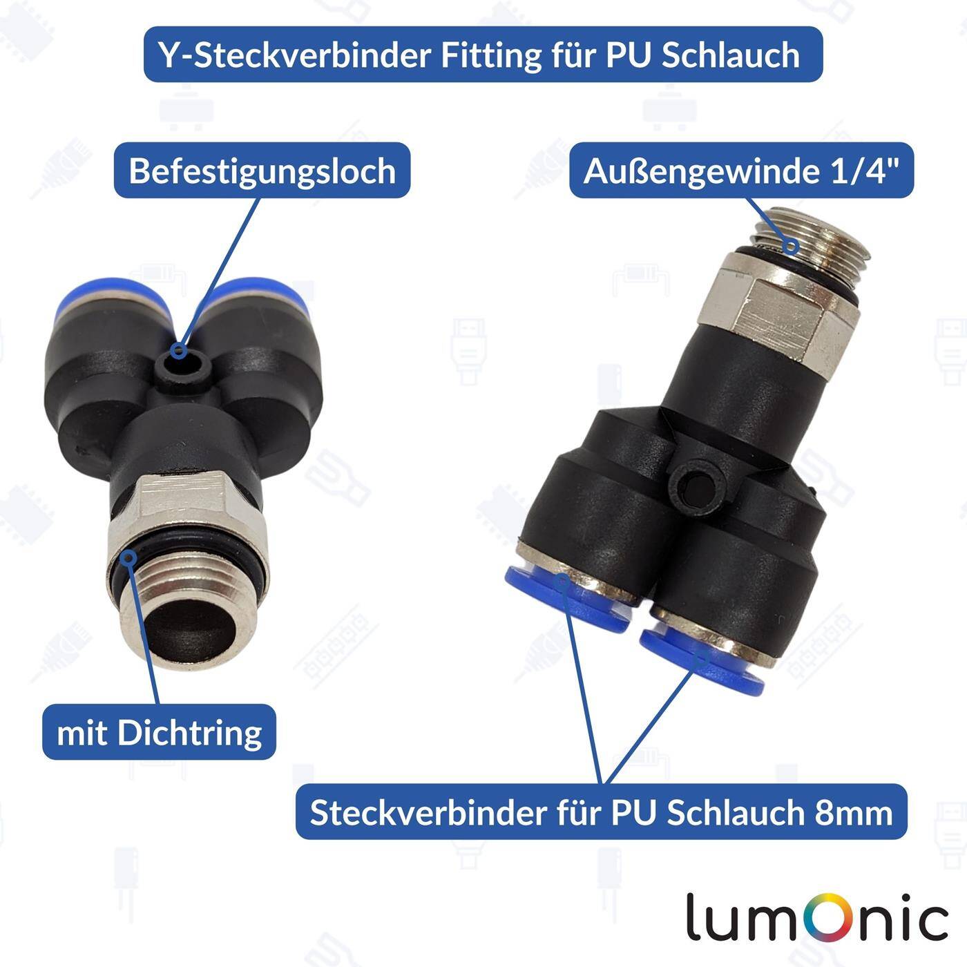 PU hose Y-connector fitting with external thread 8mm*1/4inch Y-piece Push-in Pneumatic plug connector Y-distributor Compressed air PU hose Y-connector fitting with external thread 8mm*1/4inch Y-piece Push-in Pneumatic plug connector Y-distributor Compressed air