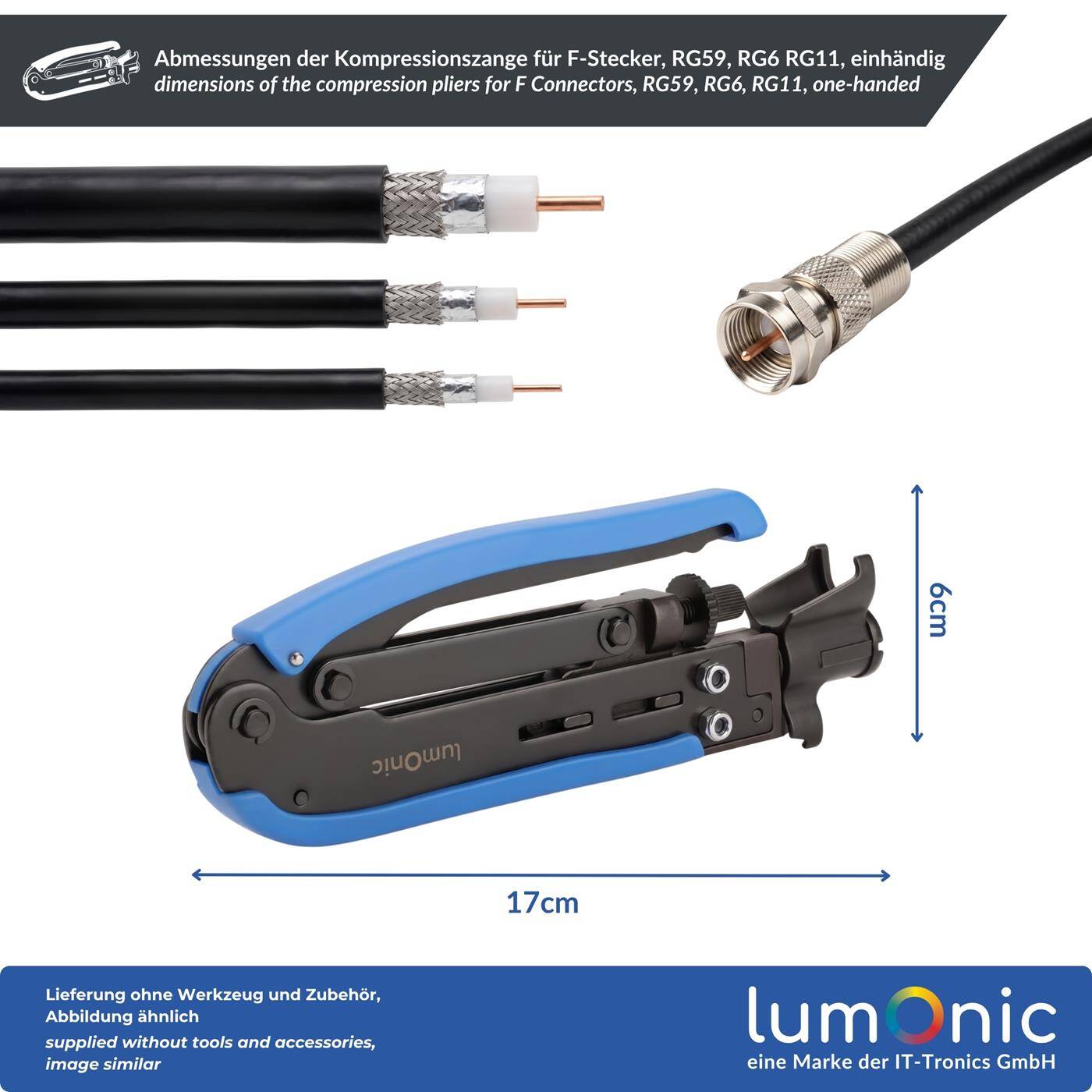 Lumonic Compression Pliers for F Connectors, RG59, RG6, RG11, One-Handed - Adjustment Wheel for RG59, RG6, and RG11, Axial Compression, Metal, for Coaxial Cables, Satellite Cables, and Antenna Outlets