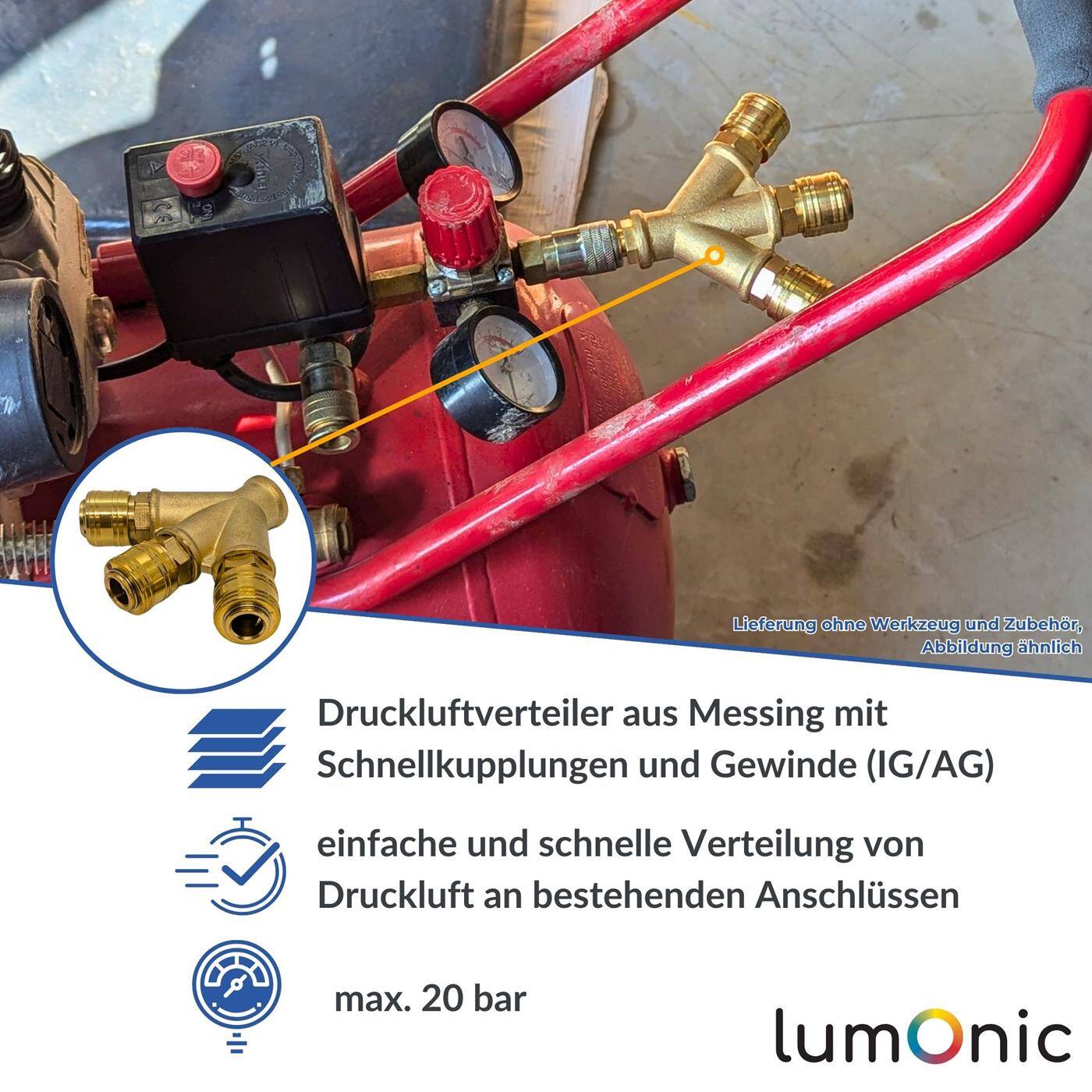 Lumonic I Compressed air distributor 2-fold I with external thread 3/8" I made of brass I Compressed air distributor I Compressed air diverter I Quick coupling I Multiple distributor I for workshops, businesses and DIY enthusiasts