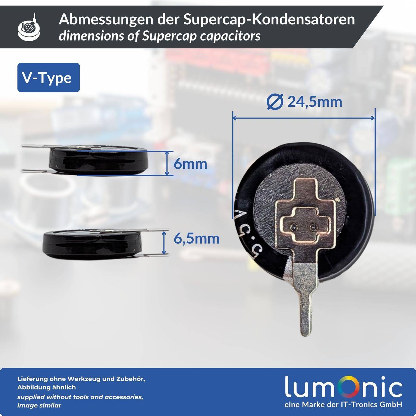 Supercap 4,0F 5,5V V-Type, direkt einsetzbarer EDLC, hohe Kapazität, 5,5V Monoblock - kein Balancing notwendig, Flackerschutz, Backup, Arduino, SPS, Heizung