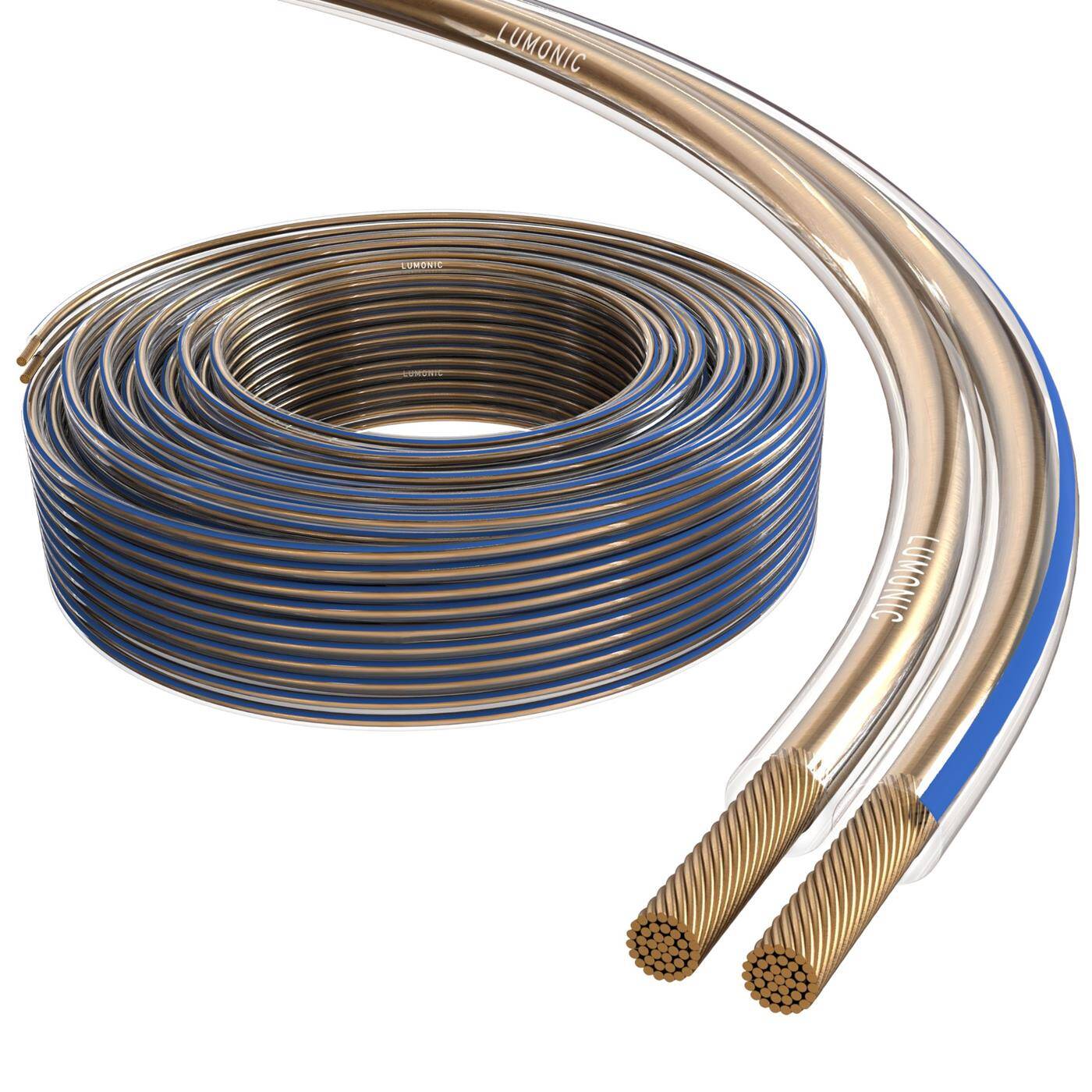 Lumonic Speaker cables | 50m Transparent | 2x 0,5mm² CCA | Blue marking HiFi speaker cable | Audio twin line