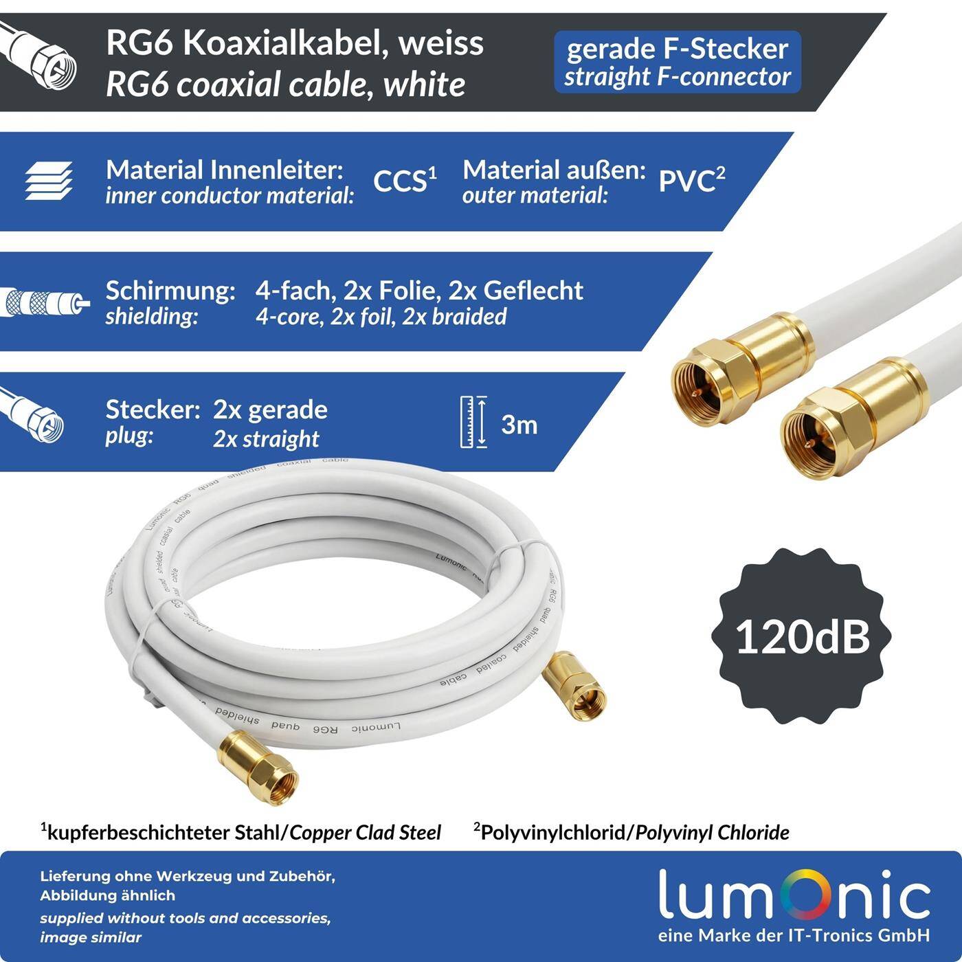 Lumonic 3m Antennenkabel RG6 | vergoldete F-Stecker gerade | Weiß | 4-fach geschirmt 120dB | fertig konfektioniert | Koaxialkabel, Sat Kabel, DVB-T2, Kabelinternet