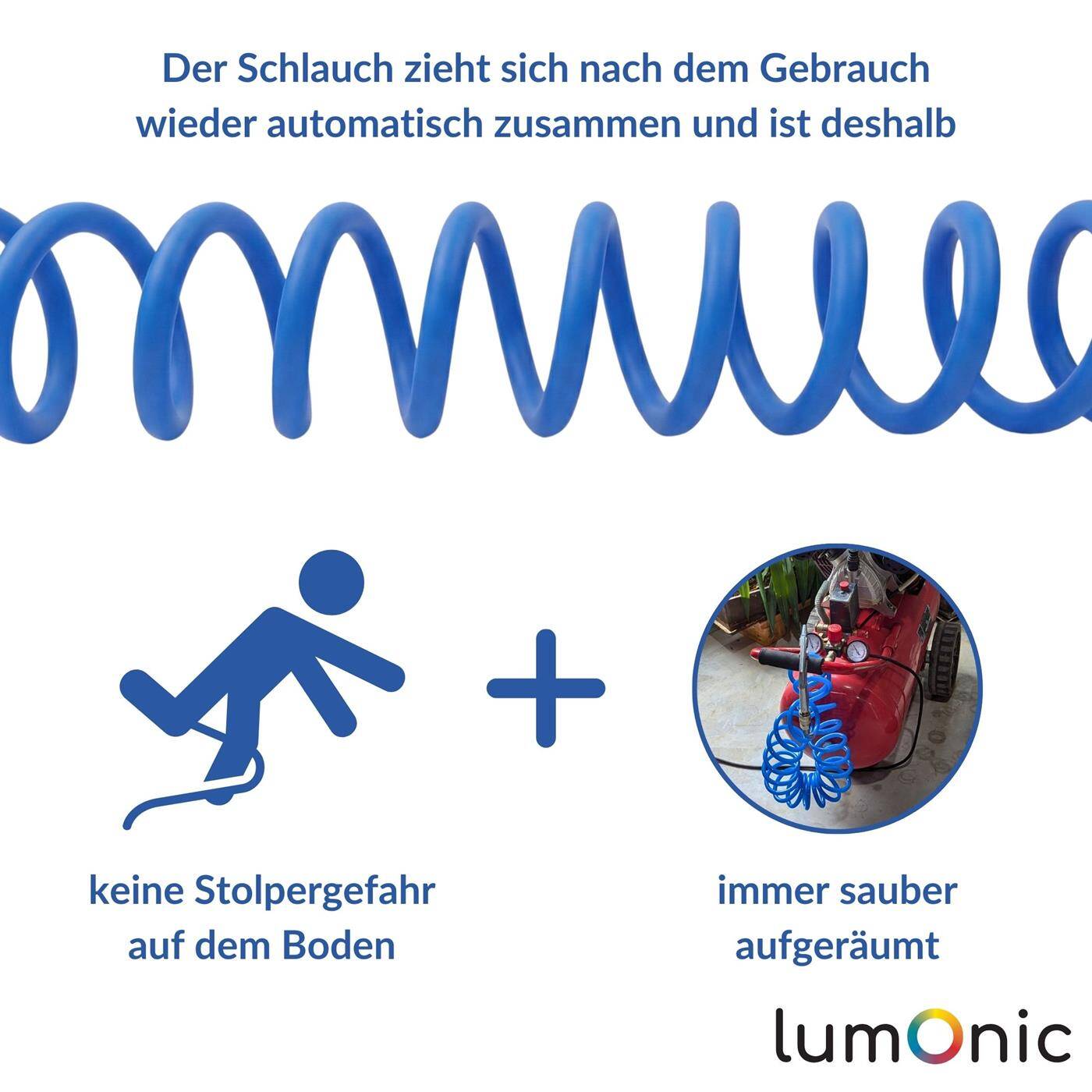Lumonic I PU Spiralschlauch mit Schnellkupplung I 6,5mm/10mm I 5m I für Kompressoren und Druckluftwerkzeuge I flexibel, abriebfest I Druckluftverlängerung I Dose & Stecker