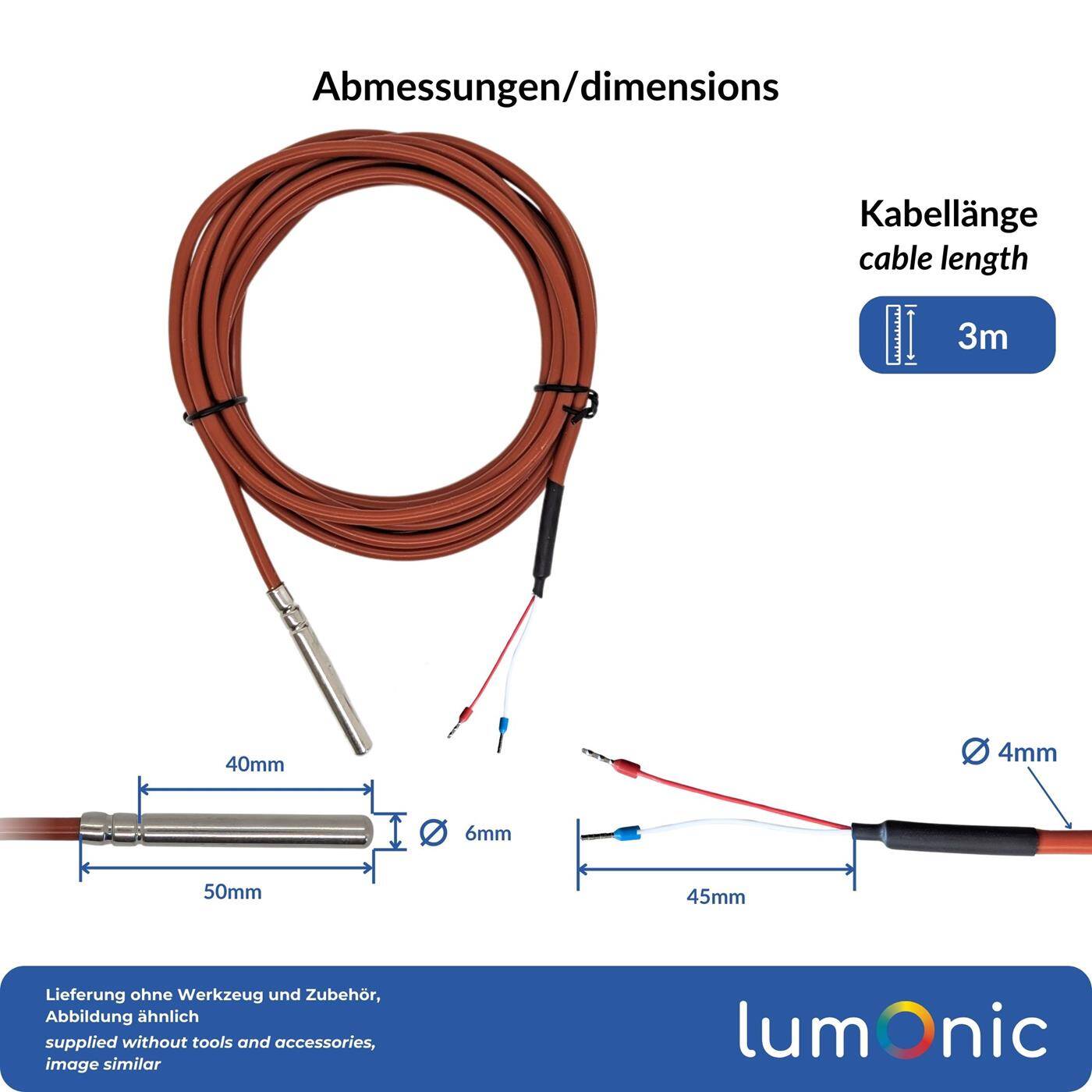 Lumonic Temperaturfühler PT1000 mit Silikonkabel 3m I -50...200°C I 6mm I 2-Leiter-Anschluss I IP65 I Temperatursensor Fühler I für Heizung, Wärmepumpe, Fotovoltaik, Automation