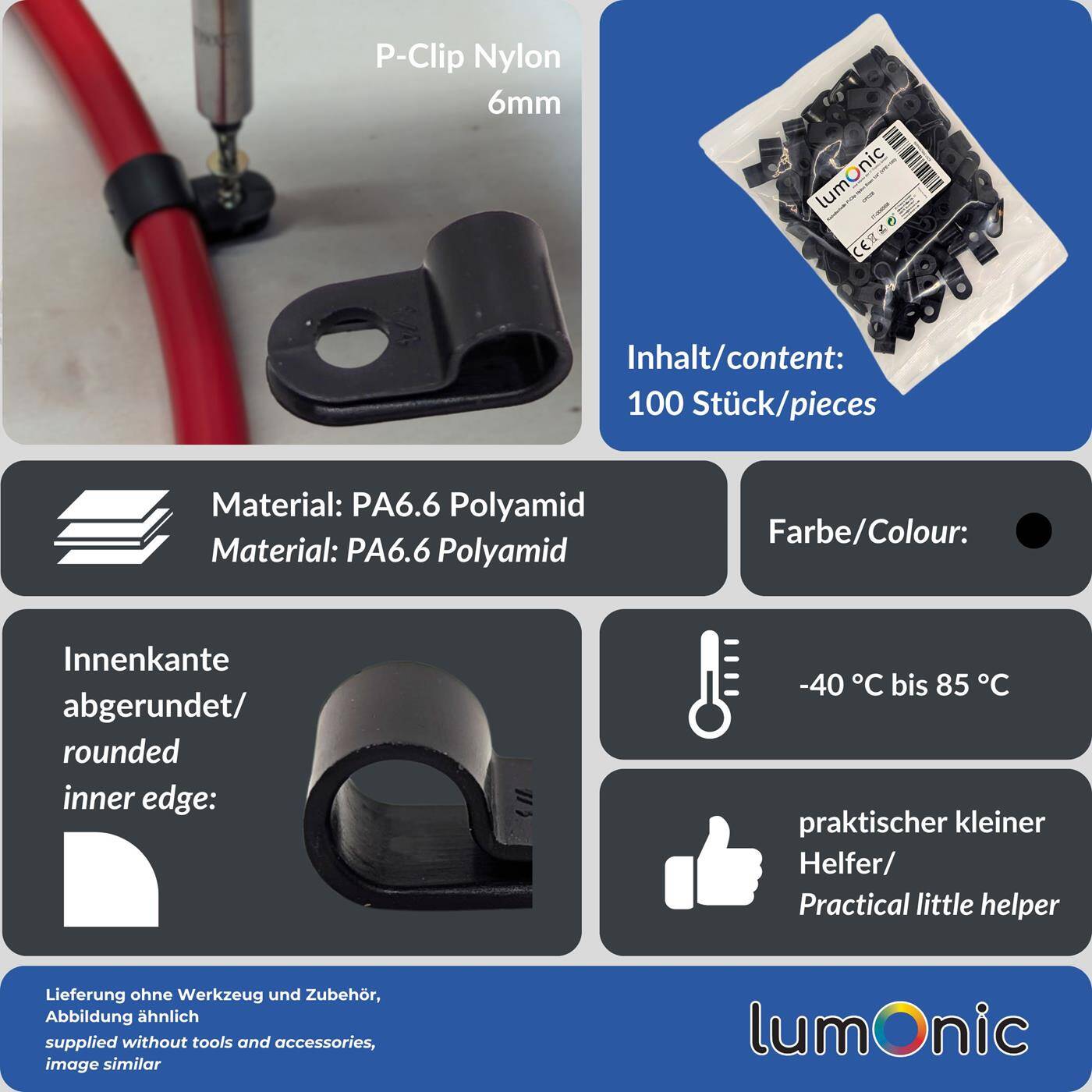 Lumonic Kabelclip Set 100x P-Clip I Perfekt geeignet für Kabel mit 6mm Durchmesser 1/4" I Auch als: Kabelschelle, Kabelhalter und Chassisklemmen einsetzbar