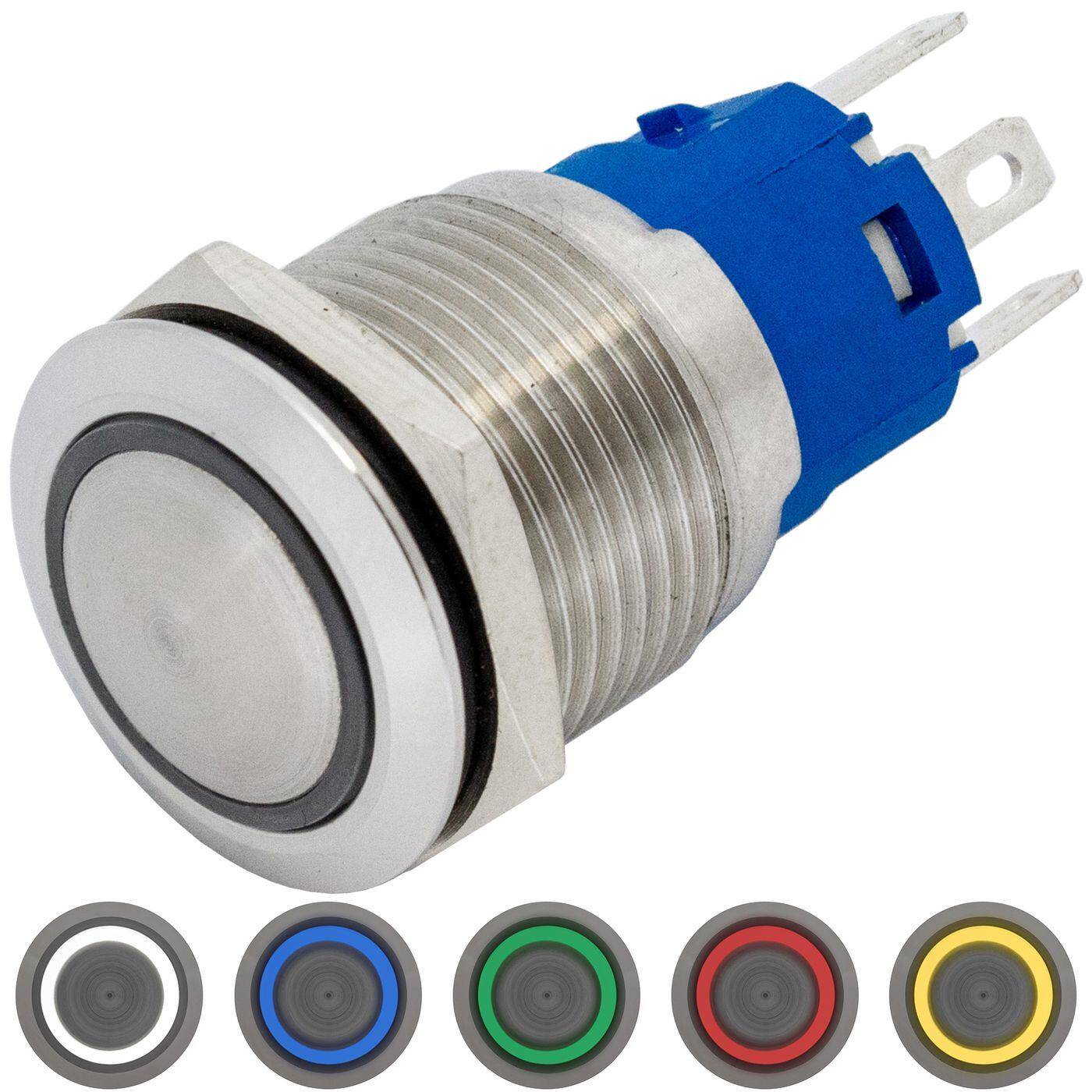 Stainless steel Push button domed Ø19mm Ring LED Cold White IP65 2,8x0,5mm Pins 250V 3A Vandal-proof