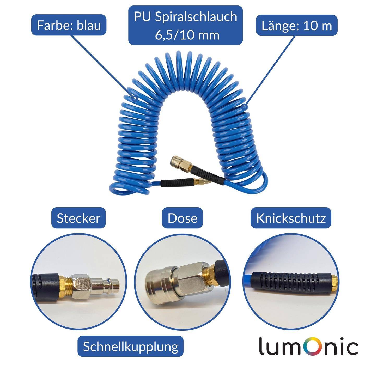 Lumonic I PU spiral hose Premium with quick coupling I 6,5mm/10mm I 10m I for compressors and pneumatic tools I flexible, abrasion-resistant I Compressed air extension I Can
