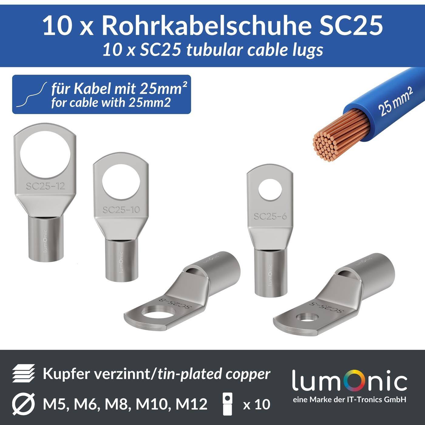 10x Rohrkabelschuh blank 25mm² Lochdurchmesser M5 SC25-5 Ringzunge Kupfer verzinnt