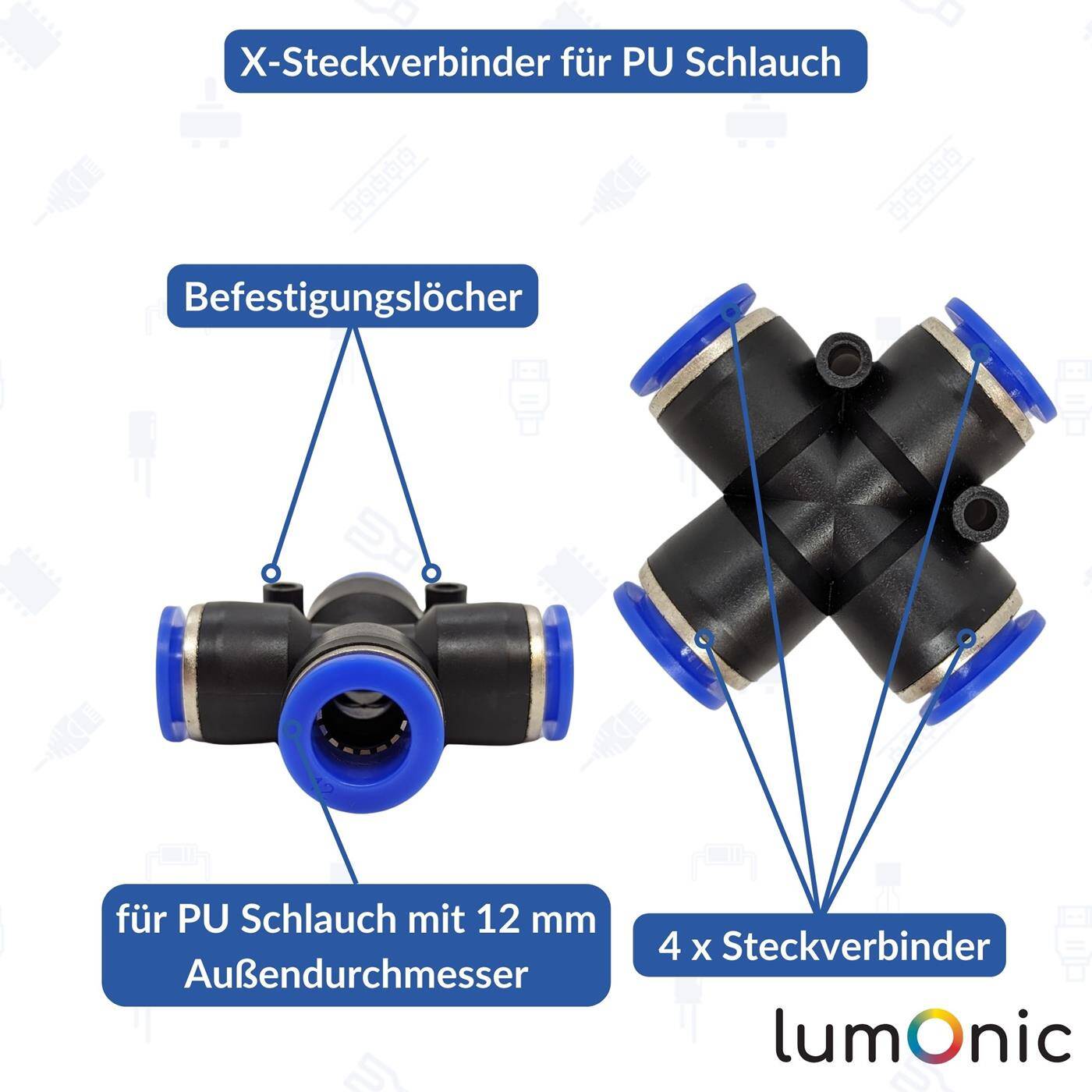 PU Schlauch X-Steckverbinder 12mm X-Stück Push-in pneumatischer Steckverbinder Kreuz-Verbinder Druckluft & Automatisierung