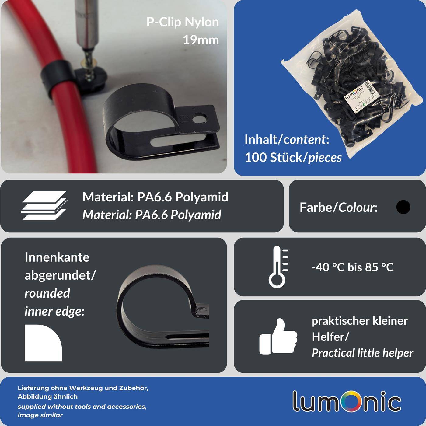 Lumonic Kabelclip Set 100x P-Clip I Perfekt geeignet für Kabel mit 19mm Durchmesser 3/4" I Auch als: Kabelschelle, Kabelhalter und Chassisklemmen einsetzbar