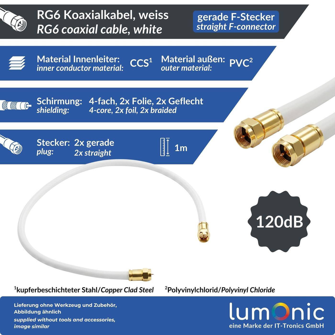 Lumonic 1m Antennenkabel RG6 | vergoldete F-Stecker gerade | Weiß | 4-fach geschirmt 120dB | fertig konfektioniert | Koaxialkabel, Sat Kabel, DVB-T2, Kabelinternet