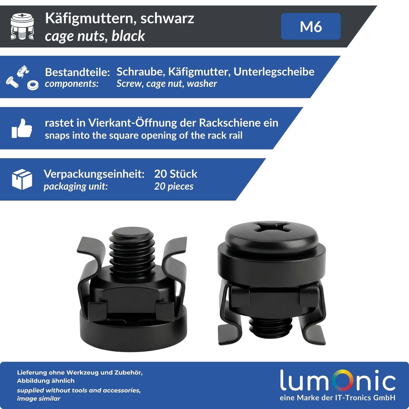 Lumonic Käfigmuttern M6 | 20 Stück Komplett-Set Schwarz | Rack Schrauben mit Kratzschutz-Scheibe | für 19 Zoll & 10 Zoll Netzwerkschrank Patchpanel Serverschrank