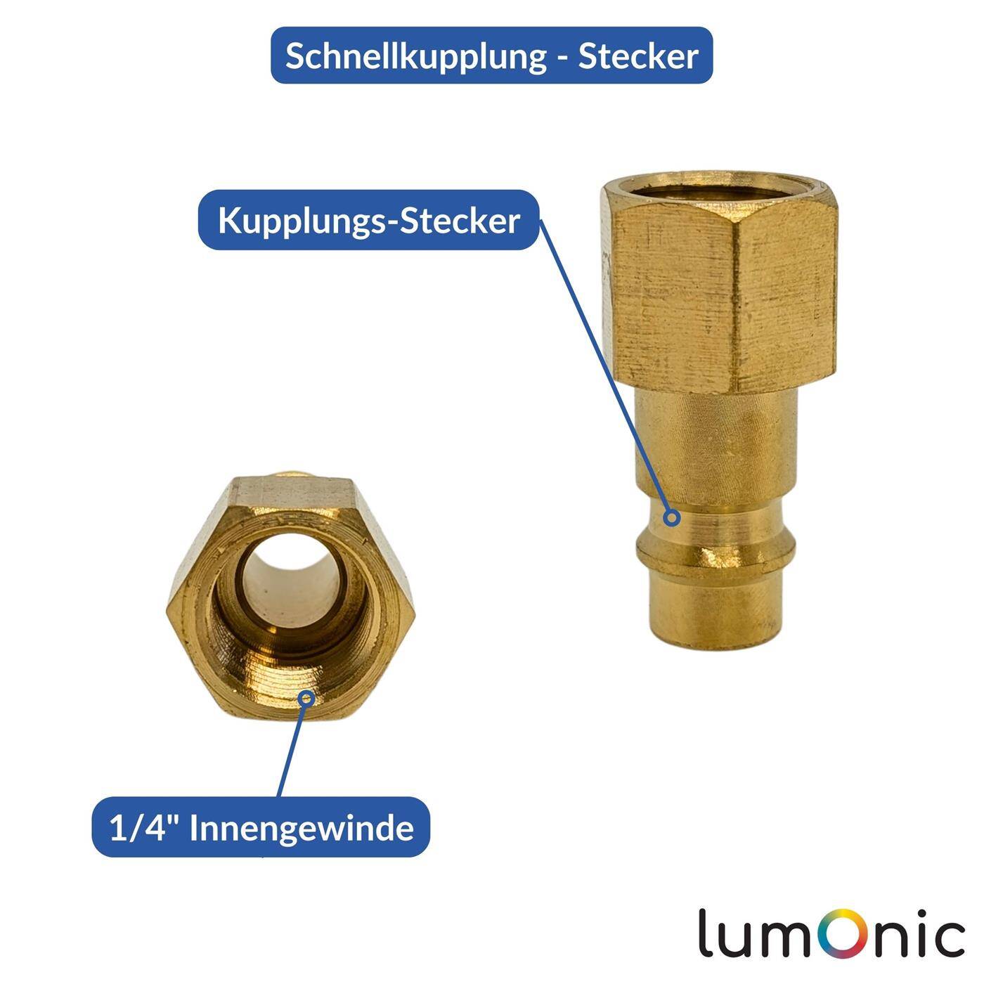 Lumonic I Kupplungsstecker mit Innengewinde I 1/4" I aus Messing I Druckluftkupplung-Stecker I Schnellkupplung I für Werkstätten, Betriebe und Heimwerker