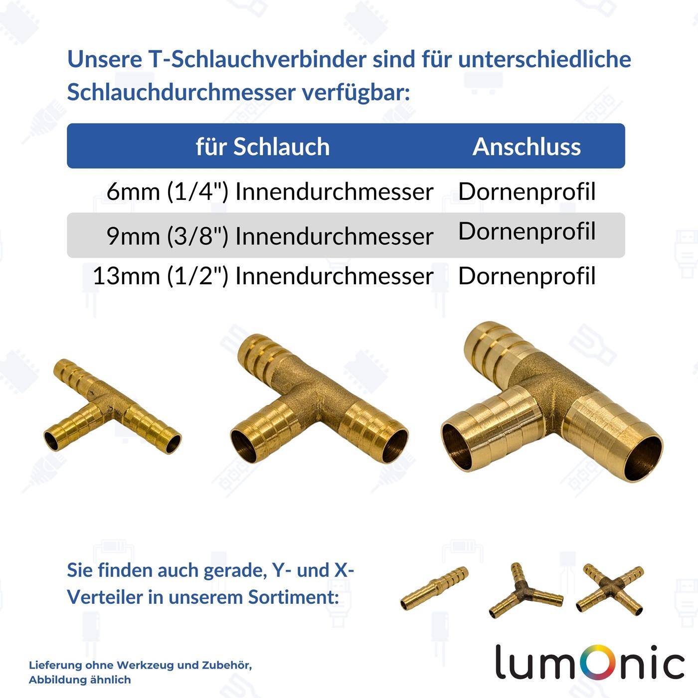 T-hose connector for 13mm (1/2") hose made of brass T-connector T-piece with spike profile Compressed air for workshops, businesses and DIY enthusiasts