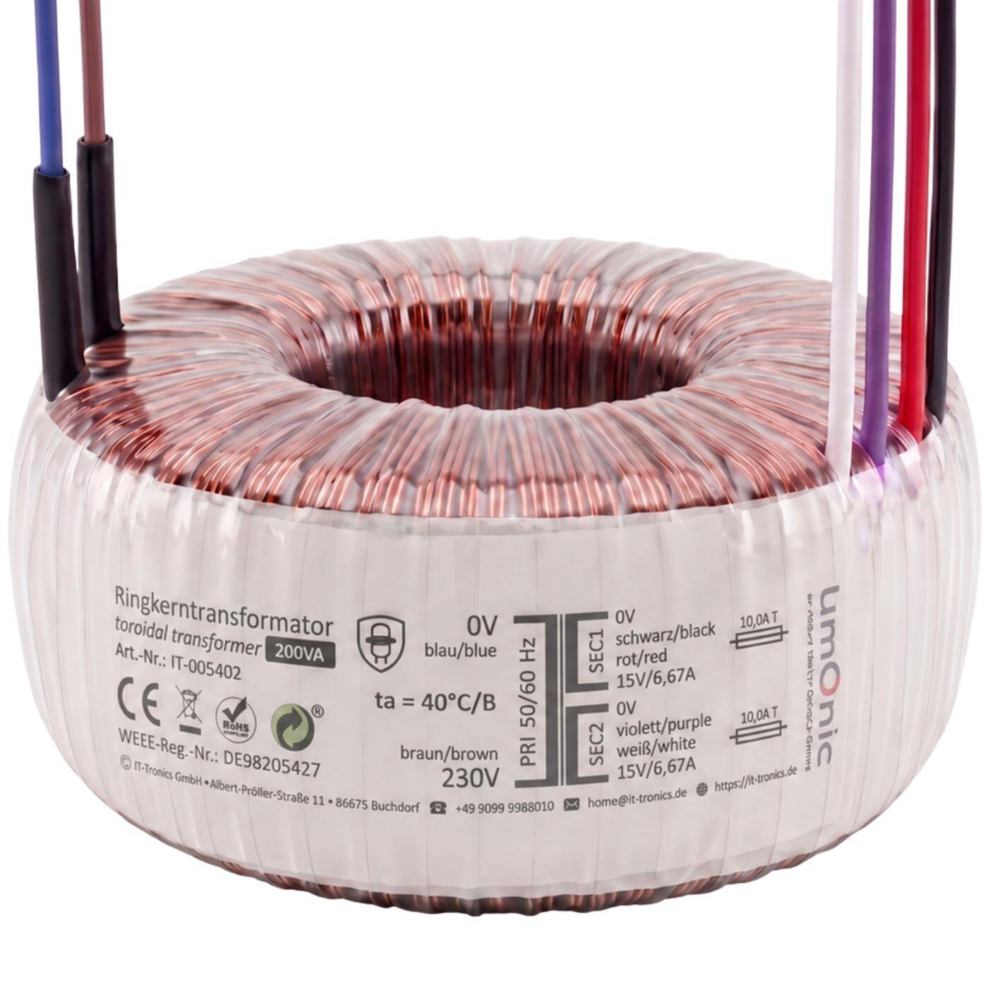 Lumonic Ringkerntrafo Transformator 200VA | Primär 230V AC | Sekundär 2x 15V AC oder 1x 30V AC | Brummarm | Transformator für HiFi Audio Verstärker