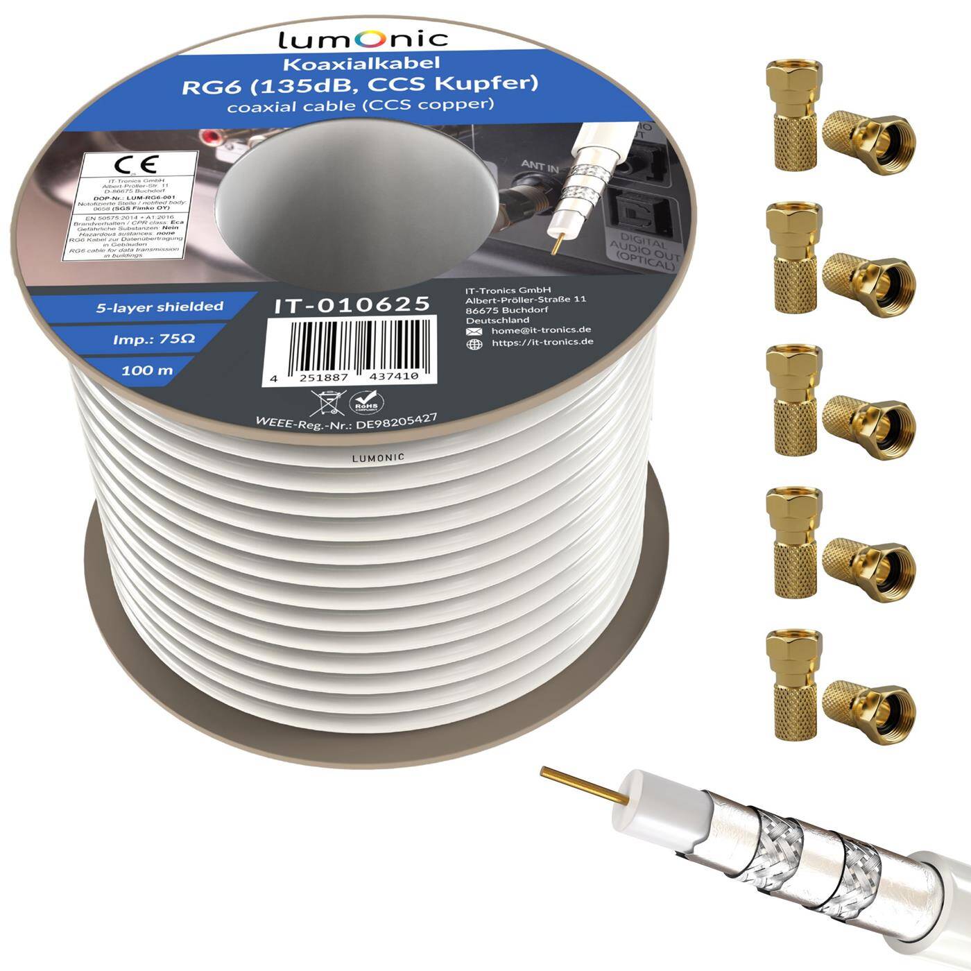 Lumonic Antenna cable RG6 135dB 100m on roll + 10x F-connector | 5-fold shielding - no more picture interference | SAT cable, coaxial cable Internet, TV cable