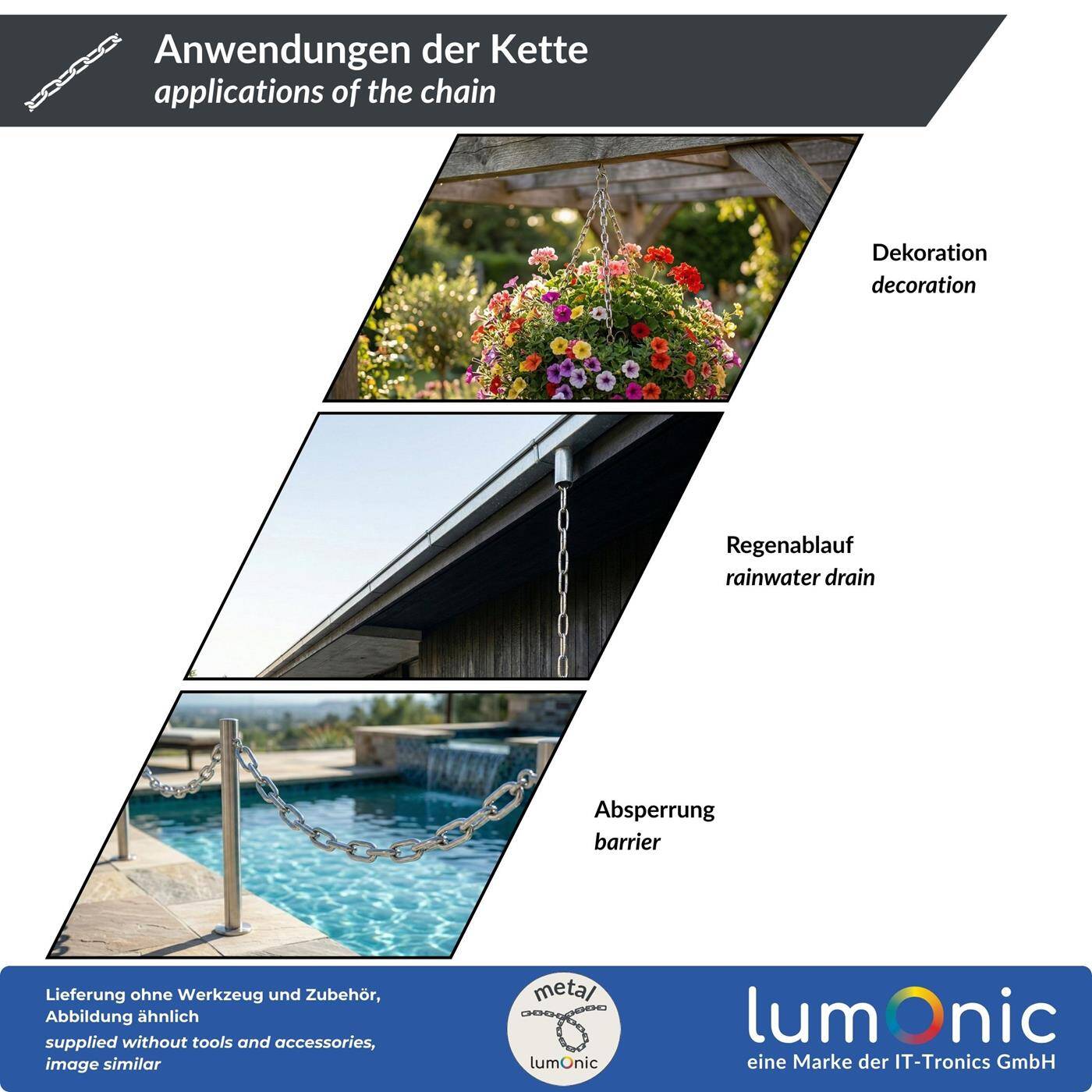 Lumonic 10m Kette V4A Edelstahl | 5mm | Langgliedrig | Rostfrei + Seewasserfest | Regenkette, Blumenampel, Absperrkette