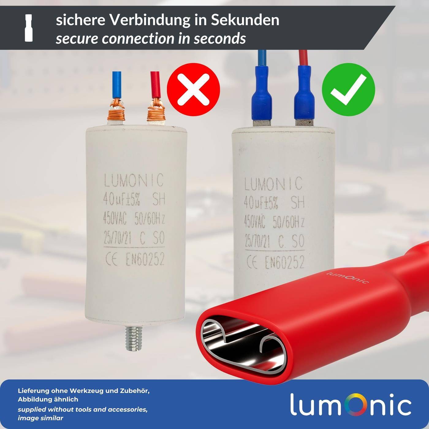 Lumonic 25x Flat receptacle 0,5-1,5mm²  | for flat plug 0,8 x 6,4mm | Fully insulated | Cable connector without soldering | Tin-plated brass cable lug | Automotive, mechanical engineering