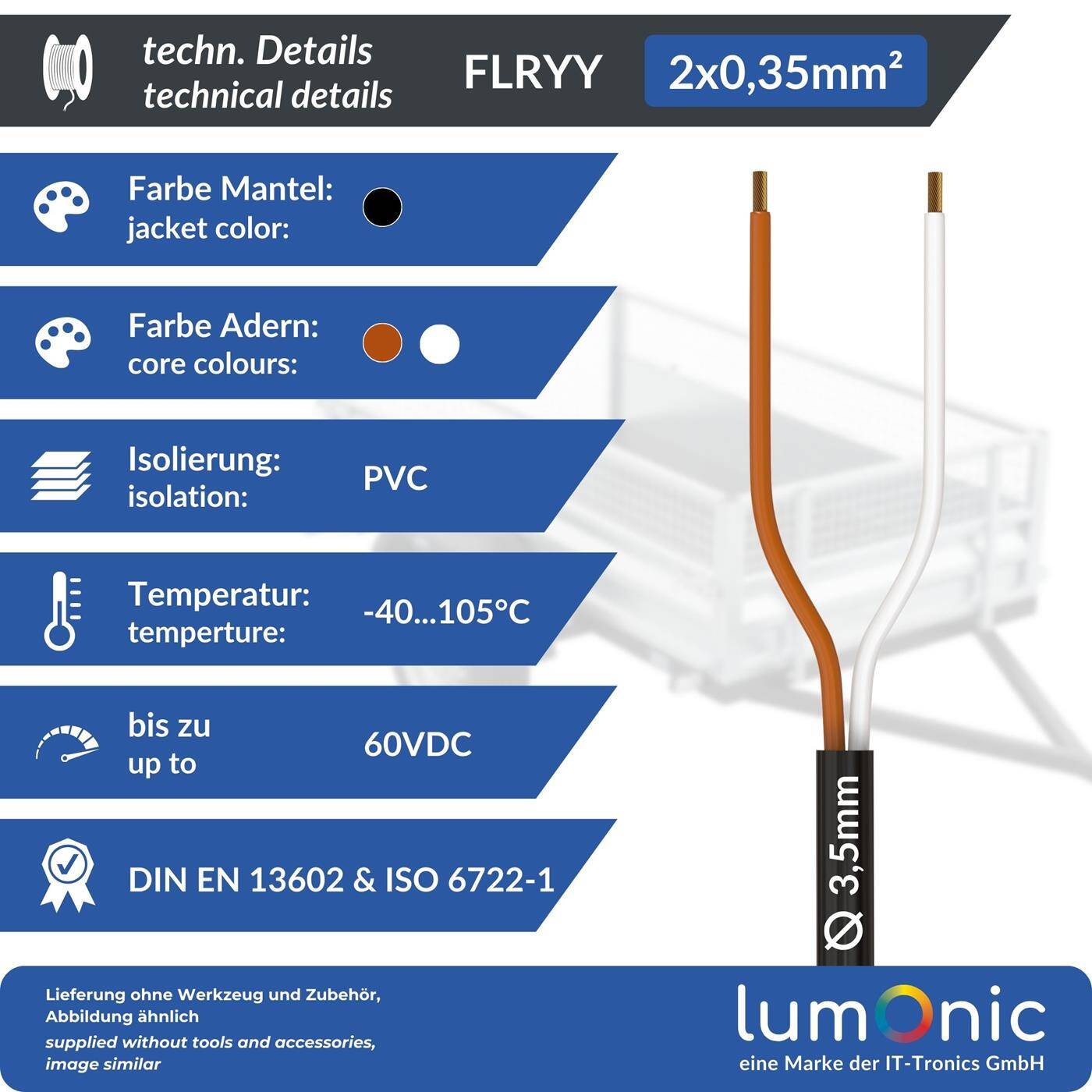 Lumonic 1m FLRYY Vehicle cable 2x0,35mm² black | 2-wire | Trailer cable | Multi-core automotive cable | Oil and fuel-resistant, flame-retardant | Low voltage