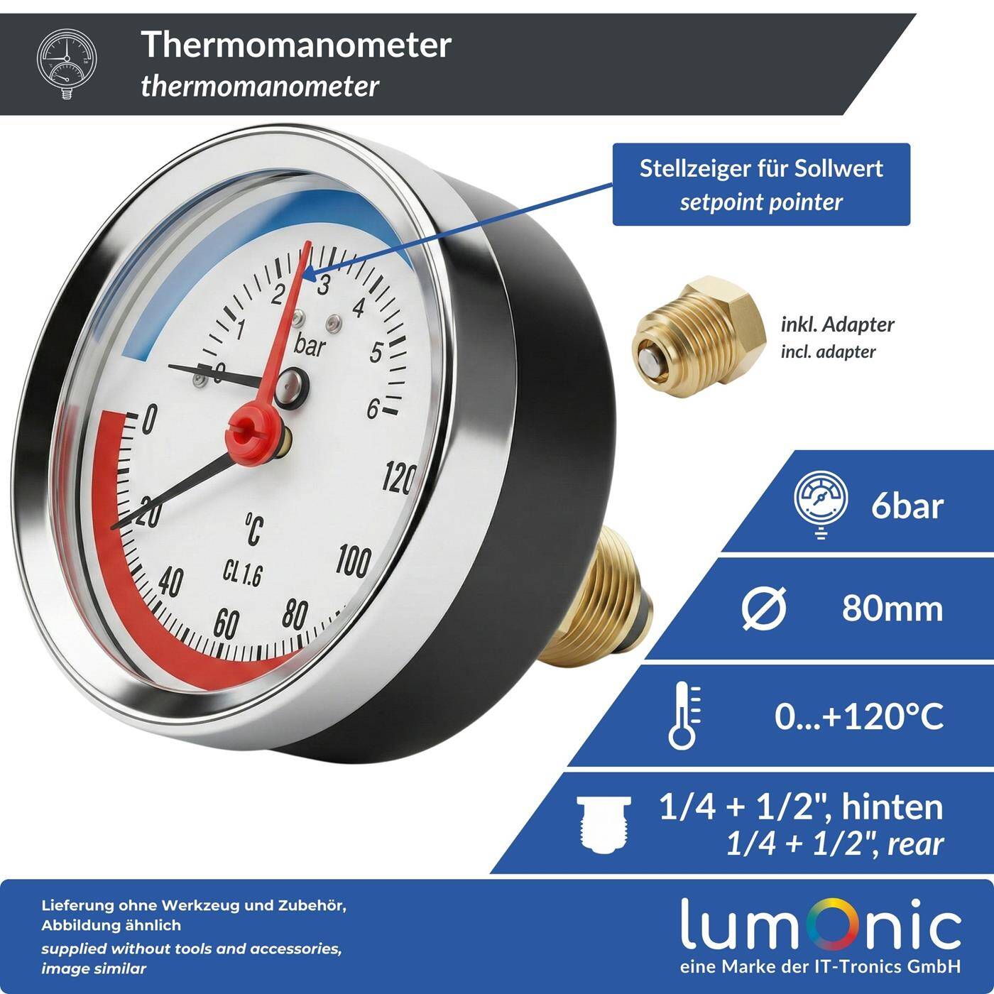 Thermomanometer 6bar 0-120°C 1/4 + 1/2 inch (adapter) Rear connection Ø 80mm large scale Heating pressure gauge Metal housing