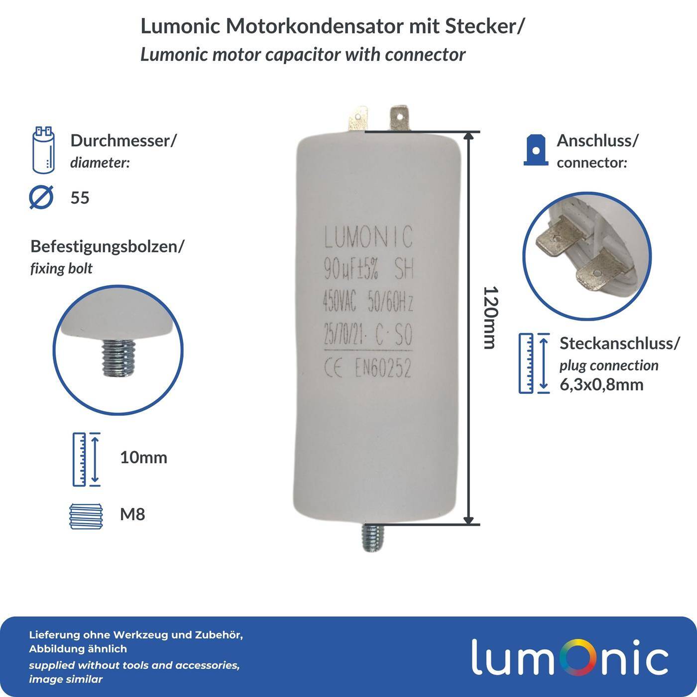 Lumonic Anlaufkondensator 90µF 450V | mit Stecker I 55x120mm I 90uF I Motorkondensator mit Kunststoffgehäuse I Betriebskondensator I für Pumpen, Rasenmäher, Werkzeuge