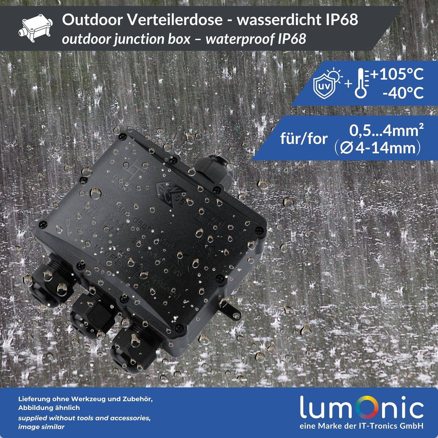 Lumonic 4-way junction box watertight IP68 | Fast, secure cable distribution | for cables 0.5-4mm² | UV-resistant, -40°C to+ 105°C | Junction box for outdoor, garden, underground cable