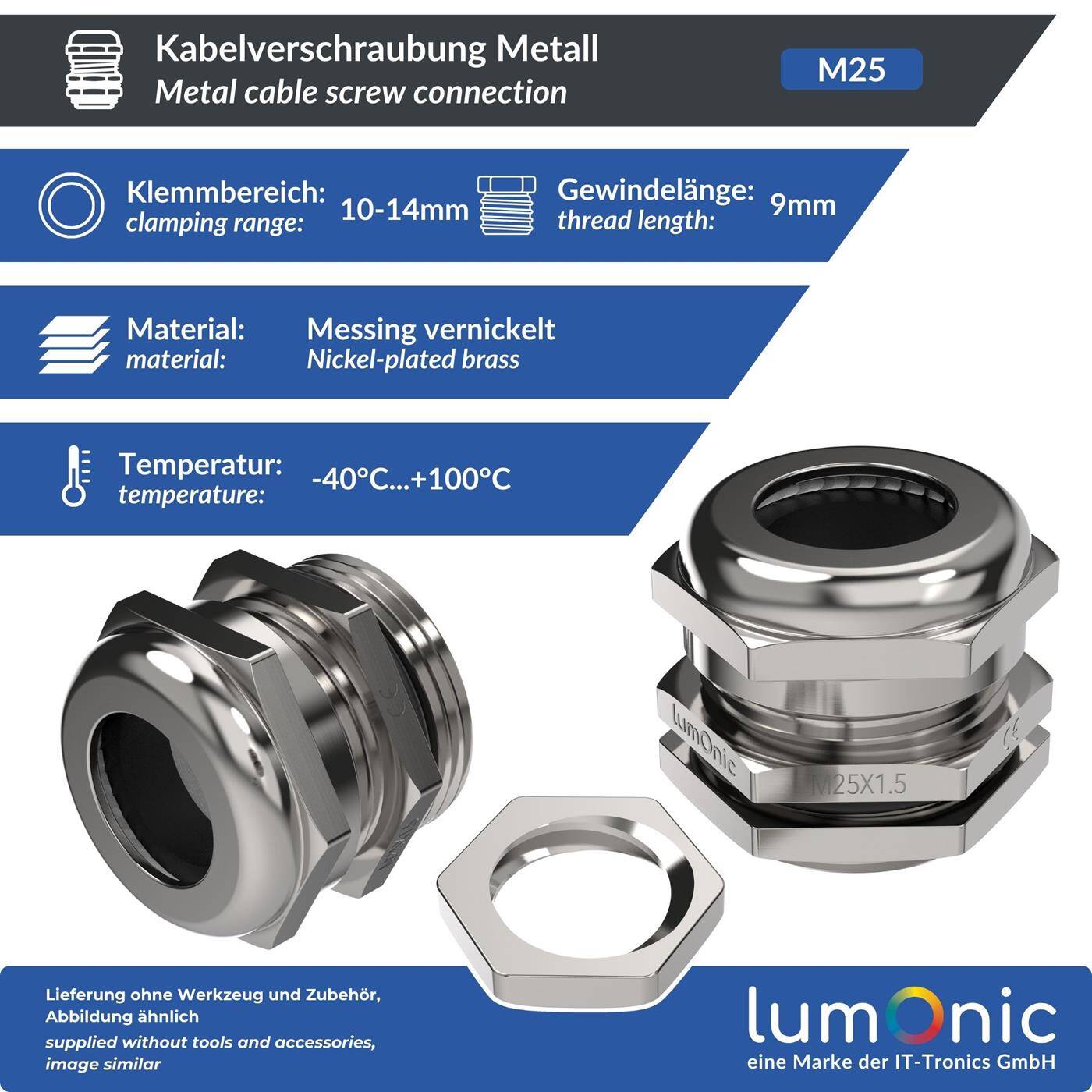 Kabelverschraubung Metall M25, Klemmbereich 10-14mm, IP68, mit Gegenmutter, Messing vernickelt, EMV, -40…+100°C, entspricht PG16