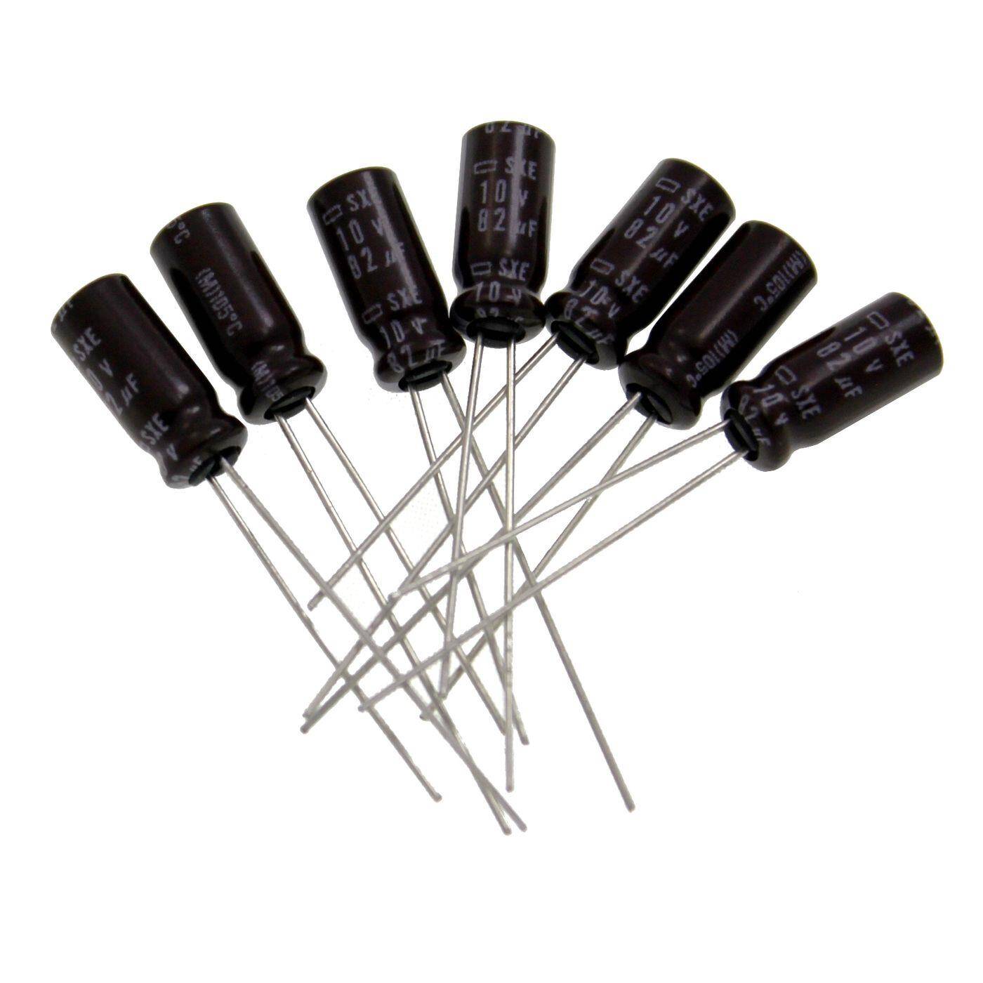 Elko Capacitor Radial 82µF 10V | Electrolytic capacitor up to a temperature of 105°C | 5x11,5mm | 82uF ESXE100ELL820MEB5N United Chemi-Con