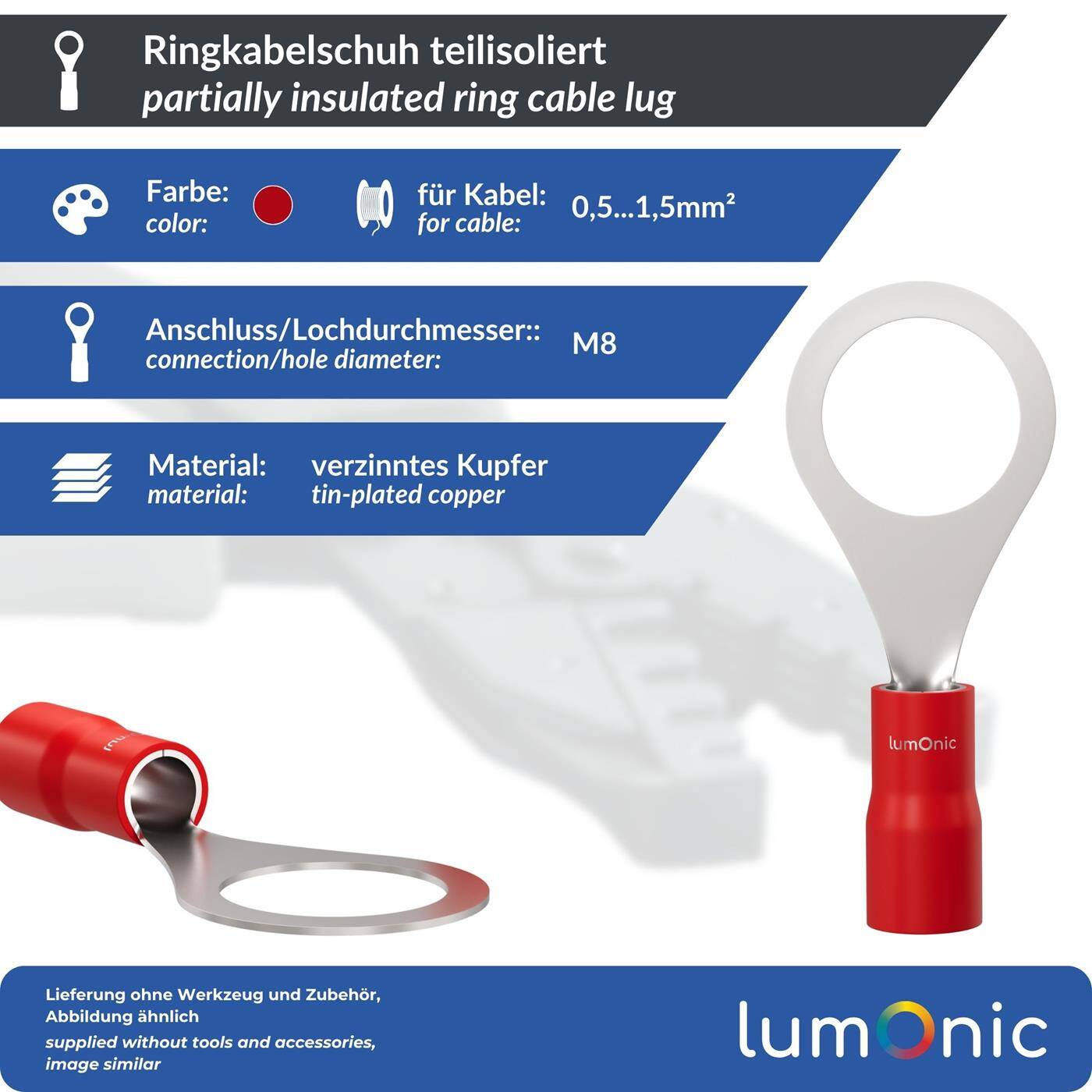 Lumonic 25x Ringkabelschuh 0,5-1,5mm² teilisoliert | M8 | Kupfer verzinnt | sichere Kabelverbindung ohne Löten | Set, Crimp-Kabelschuh, Quetschverbinder, Ringöse | KFZ, Maschinenbau, Wohnmobil, Batterie