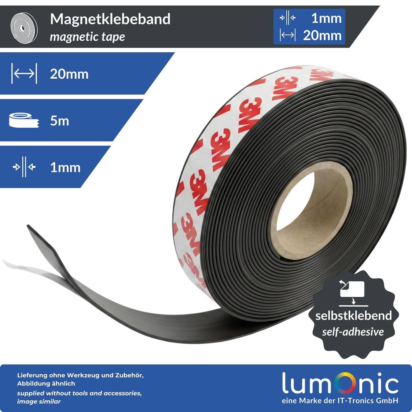 Lumonic 5m Magnetic tape | 20x1mm | Flexible, self-adhesive, can be cut to size, without drilling | Fly screen, school and blackboard