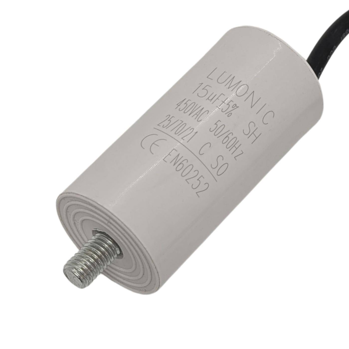 Anlaufkondensator 15µF 450V mit Kabel 25cm 34x70mm 15uF Motorkondensator mit Kunststoffgehäuse