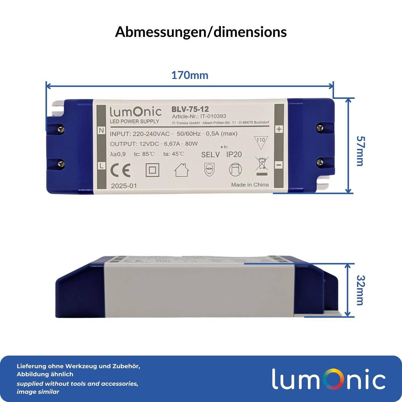 Lumonic I LED transformer BLV-80-12 I 12V 80W I Input 220-230VAC I flicker-free I Overload protection I LED power supply unit I for LED lighting