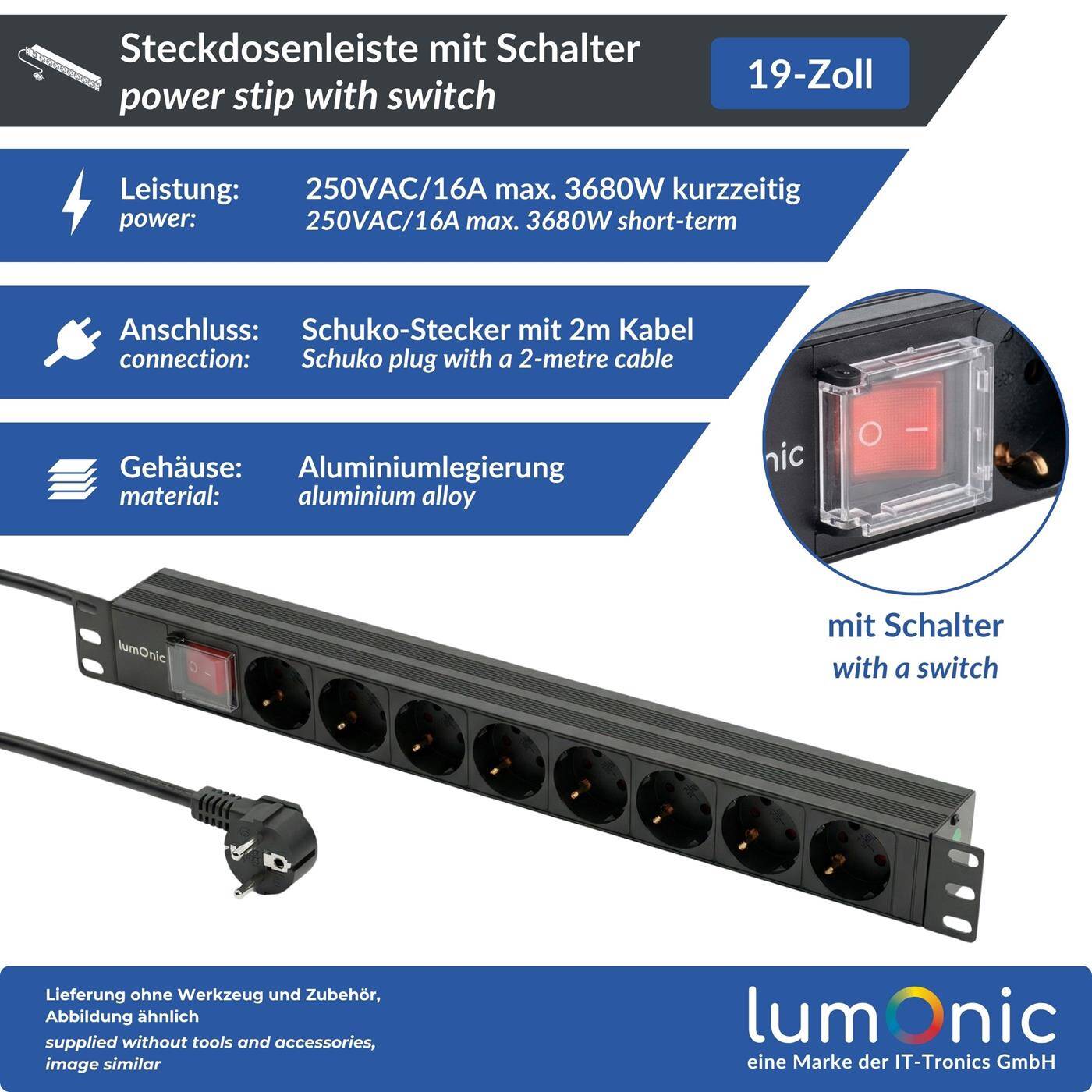 Lumonic 19" Steckdosenleiste | PDU 8-fach | mit Schalter | 1HE, Aluminiumlegierung, schwarz | 2m Anschlusskabel 3G1,5 | 45° Schuko-Steckdose | kurzzeitig max. 3680W | Rack, Serverschrank