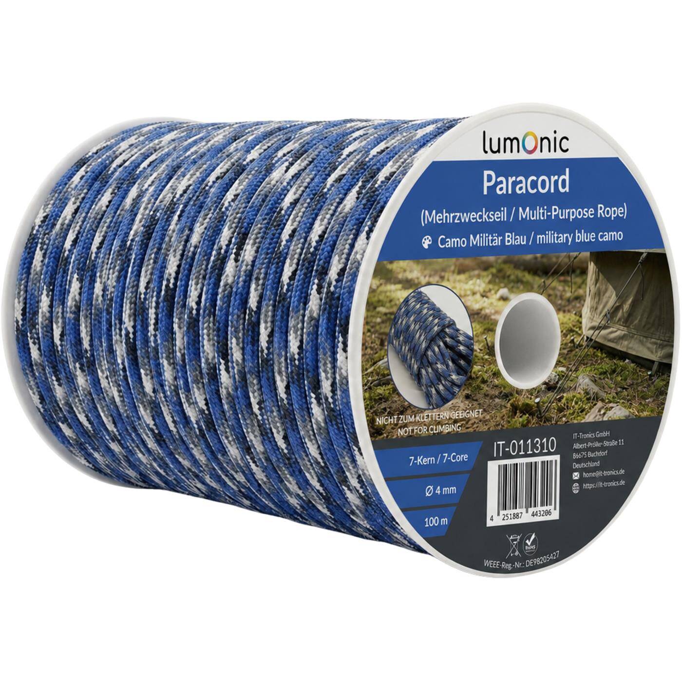 Lumonic 100m Paracord 4mm Camo military blue | 100% nylon | 7 cores, 32 strand sheath | Max. 125 kg load capacity | dog leash, bracelet, outdoor, bushcraft, tent cord