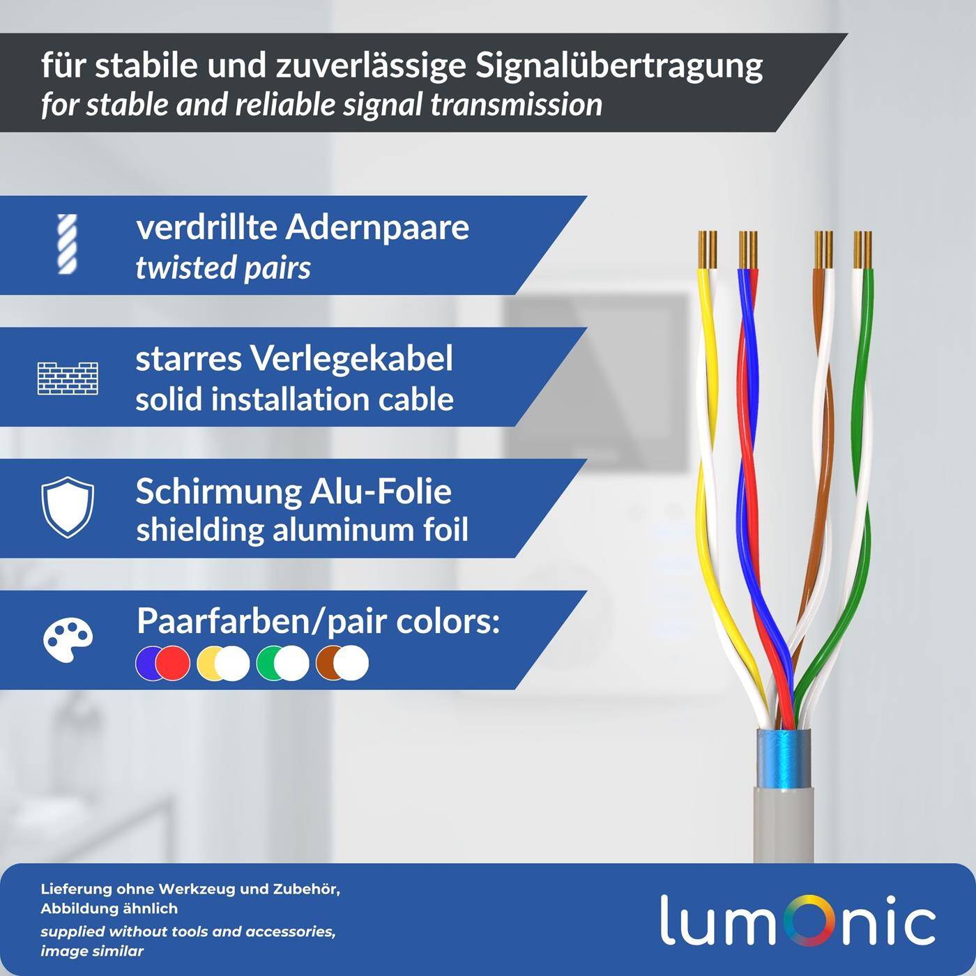 Lumonic Telephone cable JYSTY grey | 4x2x0,6mm CCA | 100m | color-coded & shielded | Meter marking | Telecommunication cable, Telephone connection cable