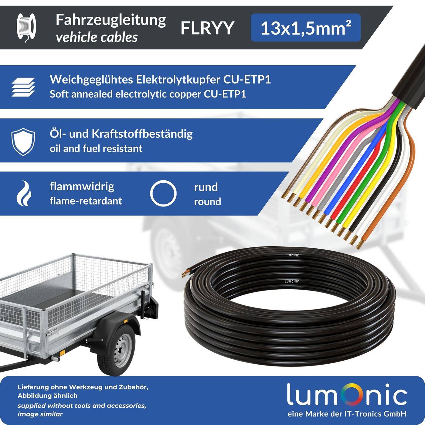 1m FLRYY Vehicle cable 13x1,5mm² round Cable CAR Trailer cable Low voltage