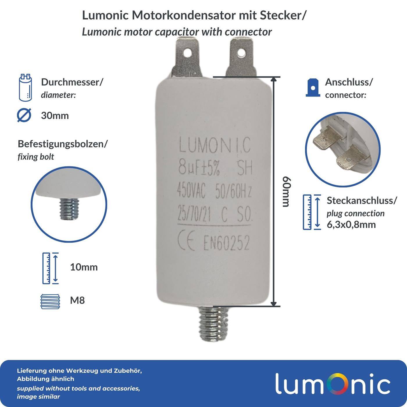Lumonic Anlaufkondensator 8µF 450V | mit Stecker I 30x60mm I 8uF I Motorkondensator mit Kunststoffgehäuse I Betriebskondensator I für Pumpen, Rasenmäher, Werkzeuge