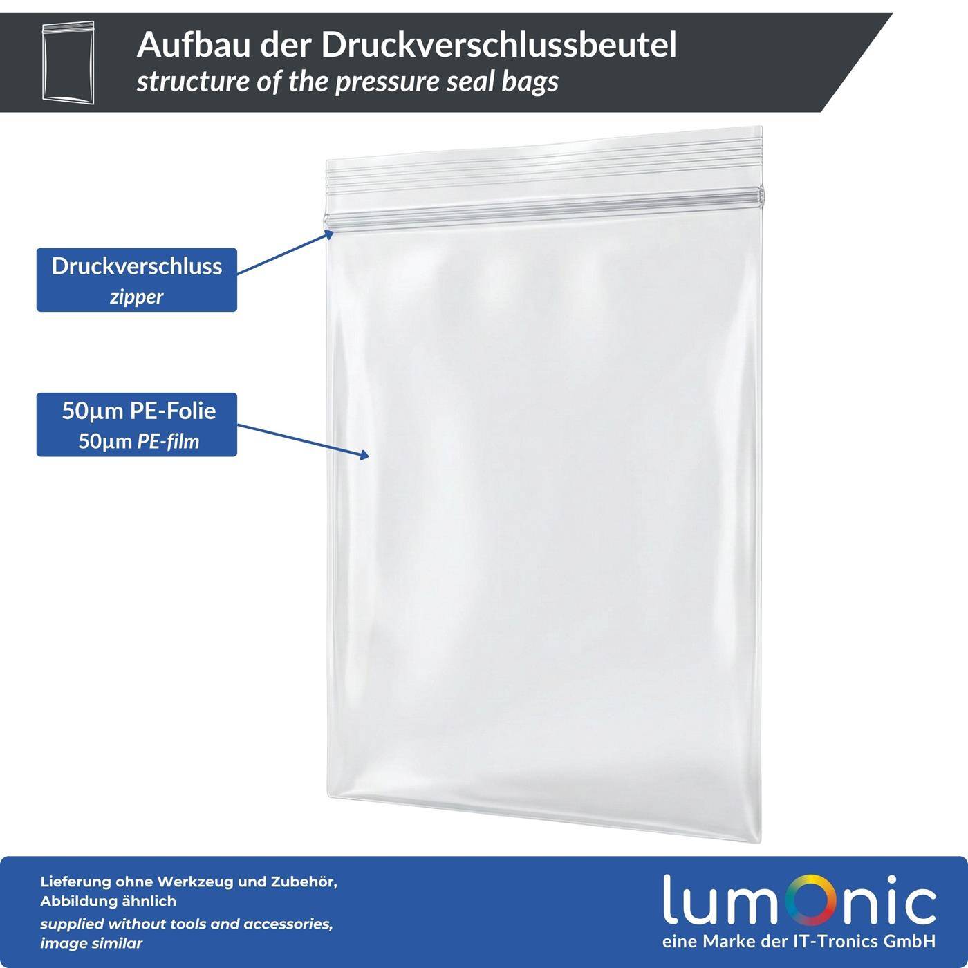 100x Lumonic Pressure seal bag 200x300mm | 50µm | Transparent, tear-resistant + odorless | Zip bag for small parts, travel, storage