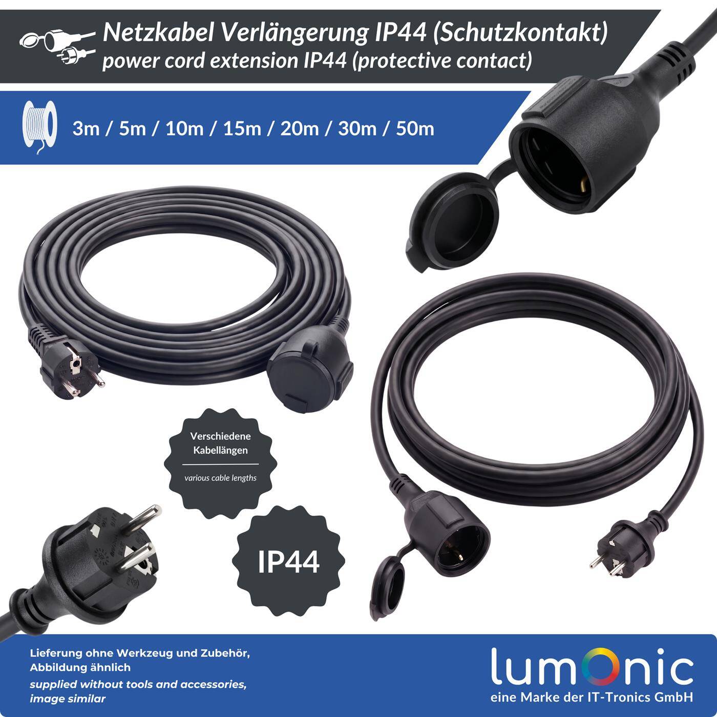 Lumonic Schuko Verlängerungskabel IP44 Gummi, Schwarz 50 m, 230 V - Flexibler Gummimantel, für Garten und Werkstatt, spritzwassergeschützt nach IP44, Buchse mit Schutzkappe und Kindersicherung