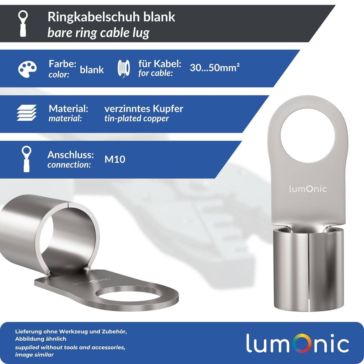 Lumonic 10x Ringkabelschuh 30-50mm² blank | M10 | Kupfer verzinnt | sichere Kabelverbindung ohne Löten | Crimp-Kabelschuh unisoliert | KFZ, Maschinenbau, Wohnmobil, Batterie