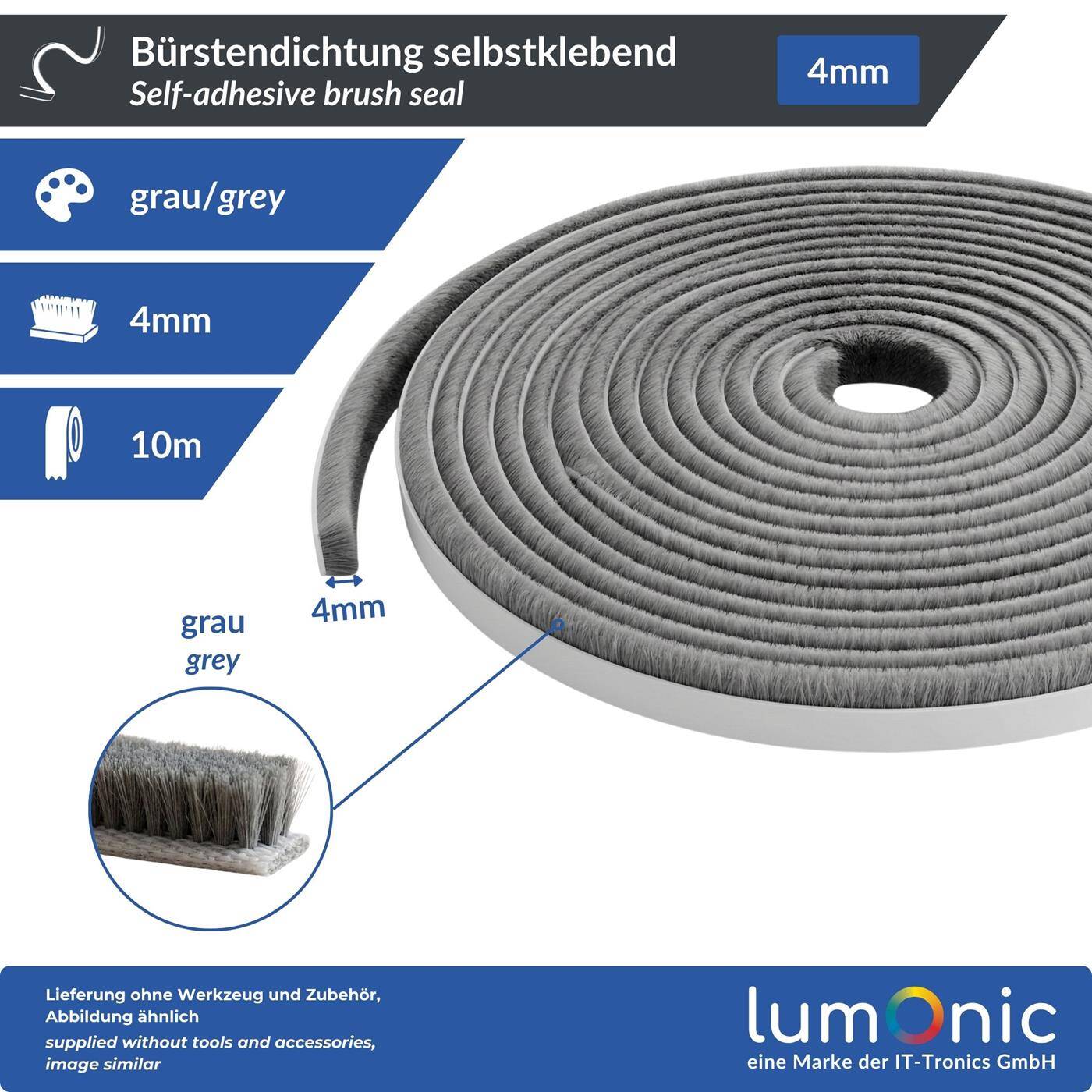 Lumonic 10m Brush seal gray 4mm | Self-adhesive + Can be cut to size | Draught excluder, cold protection, insect screen for windows, doors, cupboards