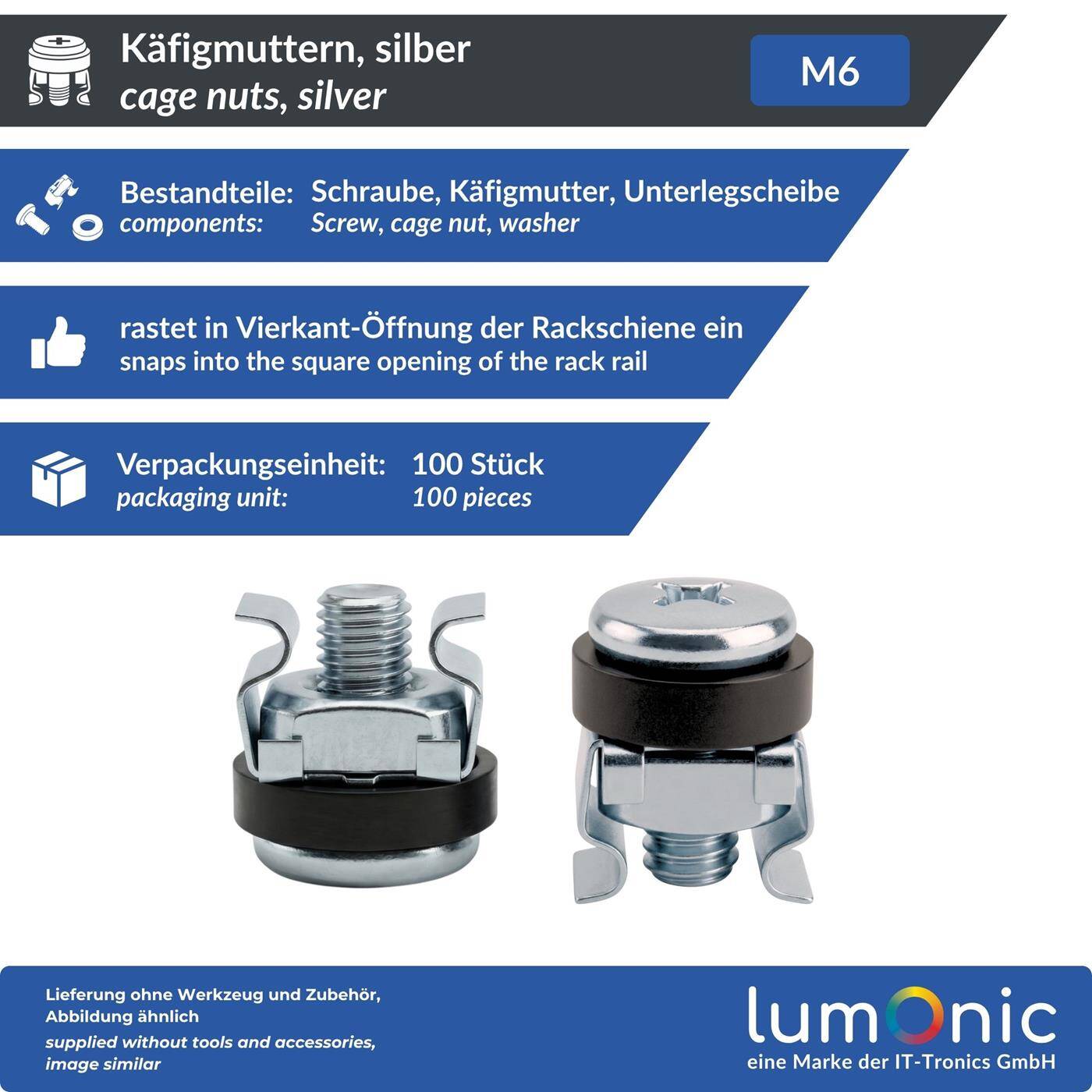 Lumonic Cage nuts M6 | 100 pieces complete set silver | Rack screws with scratch protection washer | for 19 inch &amp; 10 inch network cabinet patch panel server cabinet