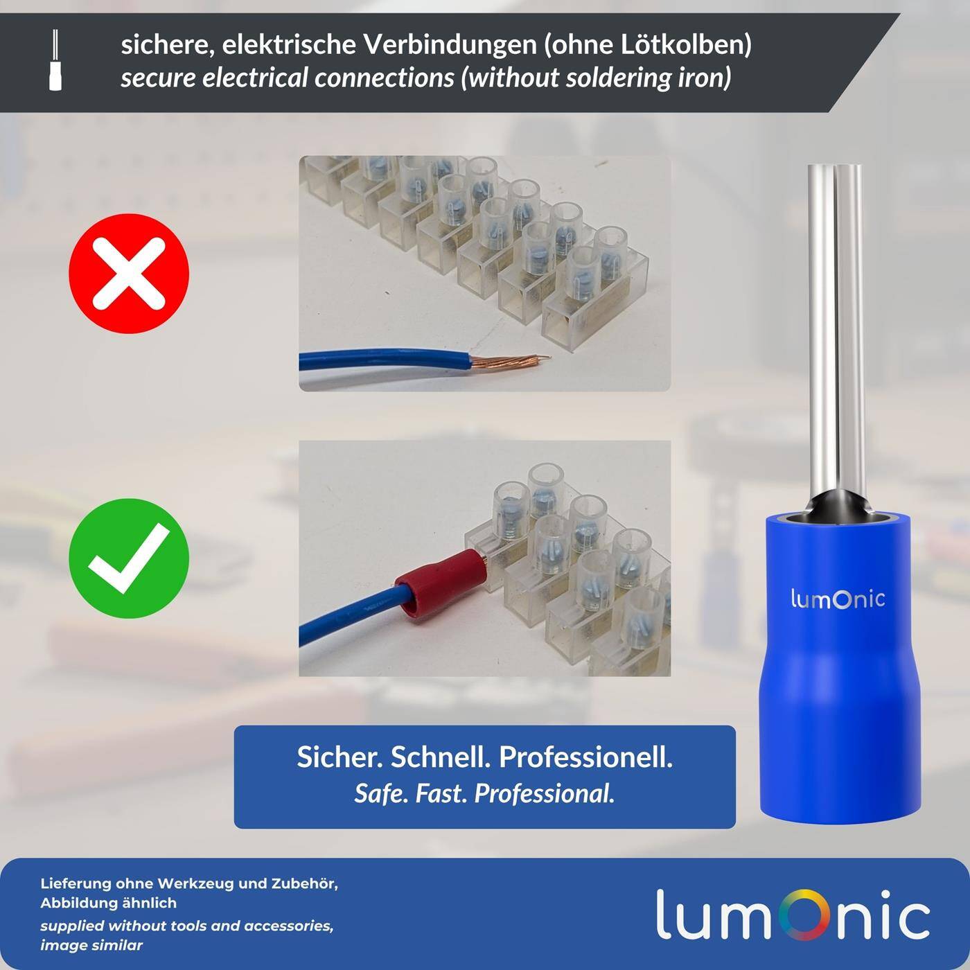 Lumonic 25x Stiftkabelschuh 1,5-2,5mm² Blau | Kupfer verzinnt | sichere Kabelverbindung ohne Löten | Crimp-Kabelschuh ideal für Lüsterklemmen | KFZ, Maschinenbau, Wohnmobil