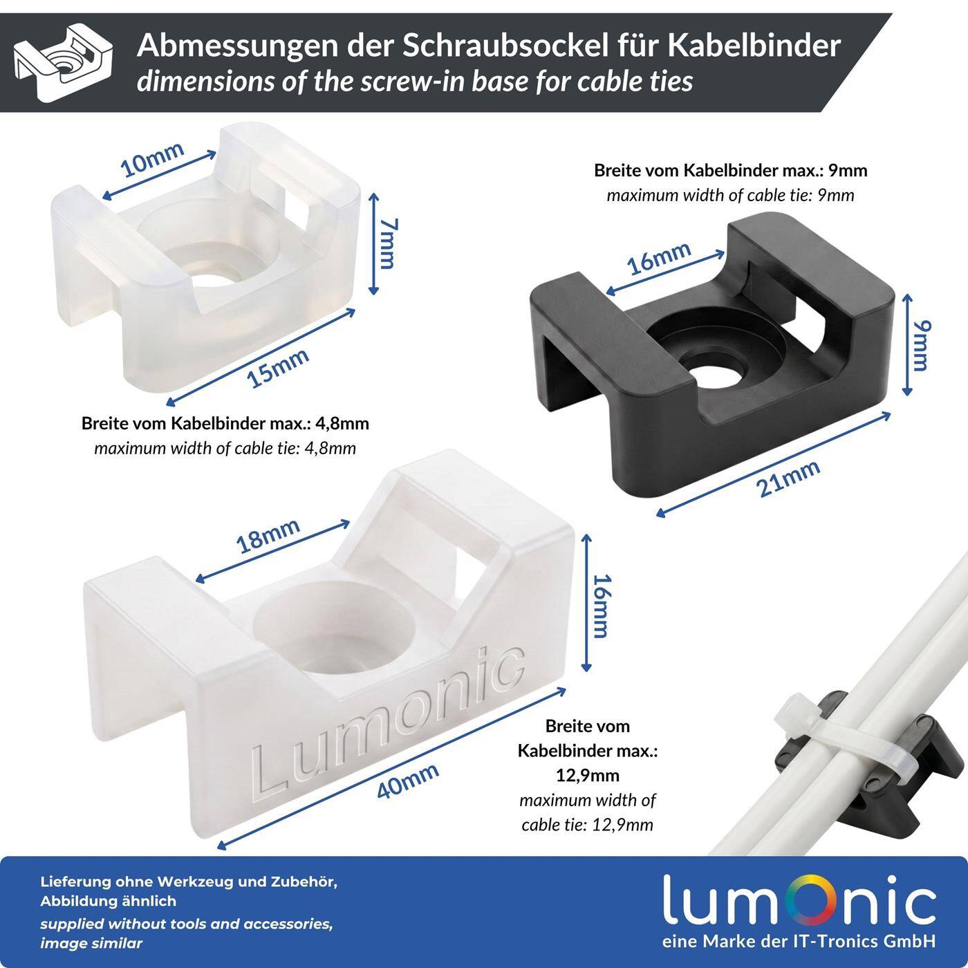 Lumonic 100 pieces Screw base for cable ties 15x10mm | White | -40°C…+85°C | PA6.6 polyamide | Resistant | Screw-on cable holder for electrical installation