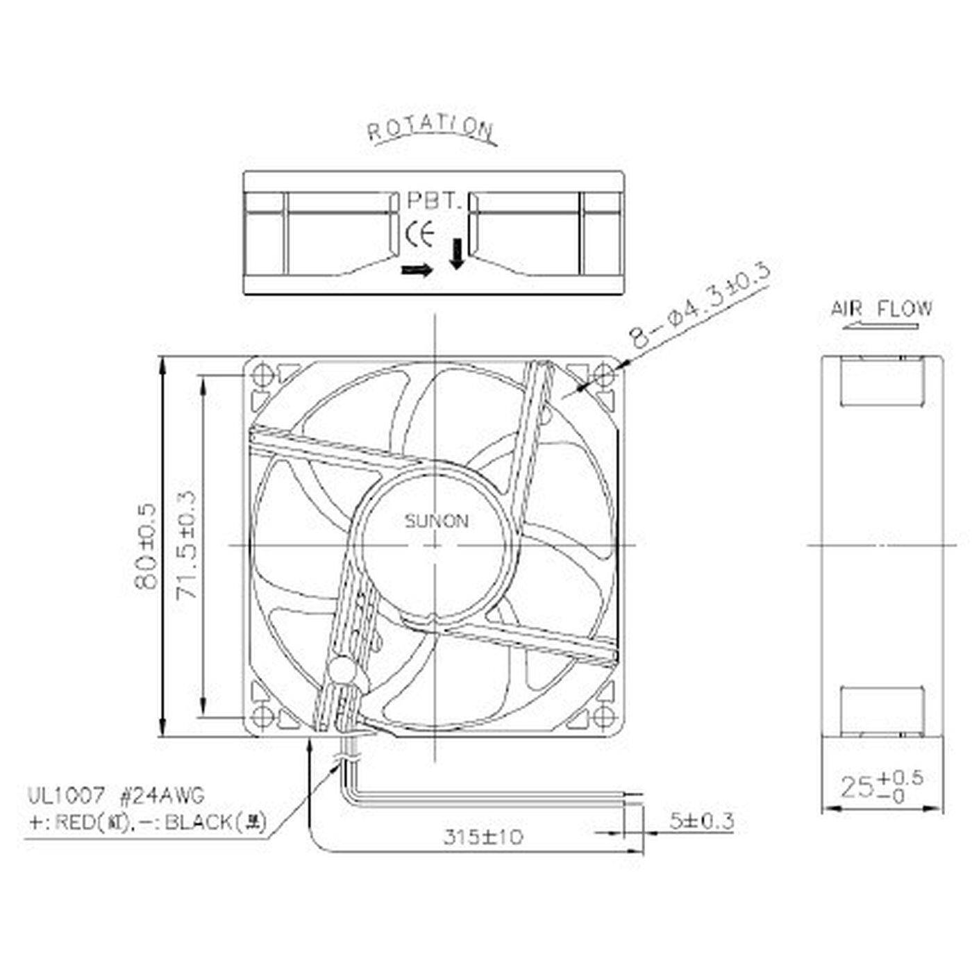 Lüfter 12V DC 0,78W 80x80x25mm 56,1m³/h 2600U/Min 56,1m³/h Sunon MF80251V31000UA99