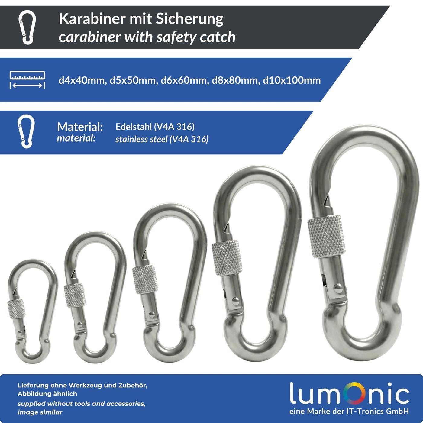 Carabiner with safety catch V4A stainless steel 5x50mm Stainless + seawater resistant Safety catch prevents unintentional opening for awning hammock dog camping