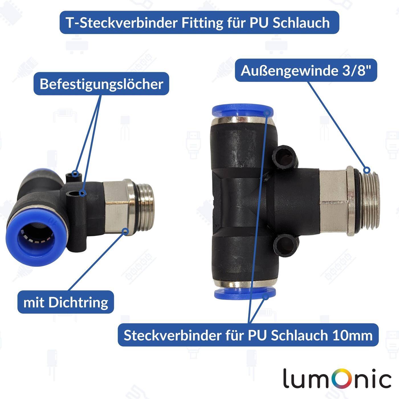 PU Schlauch T-Steckverbinder Fitting mit Außengewinde 10mm*3/8Zoll T-Stück Push-in pneumatischer Steckverbinder T-Verteiler Druckluft & Automatisierung